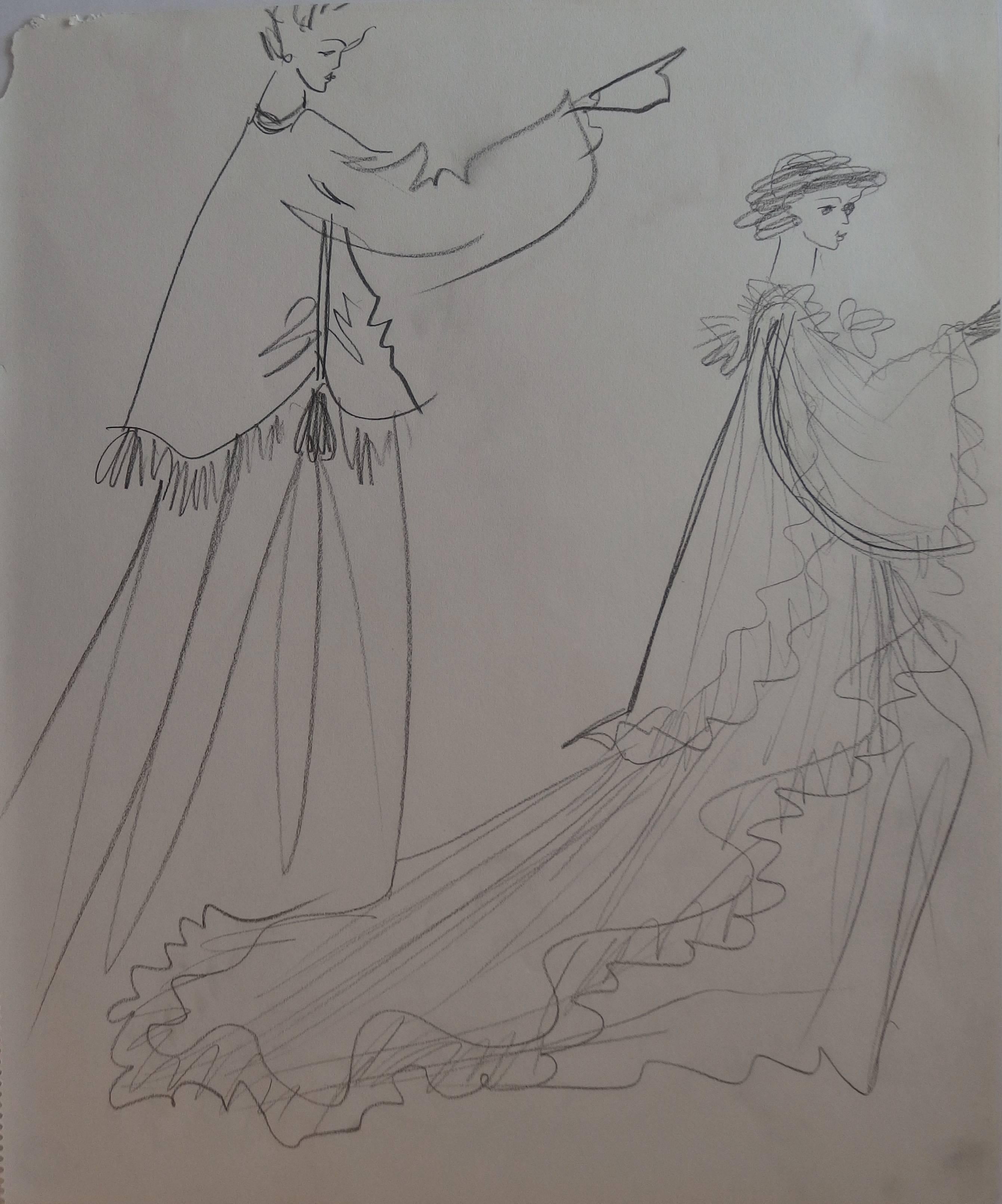 Yves Saint Laurent Figurative Art - Two Sketches of Dress - Original pencil drawing - c. 1980