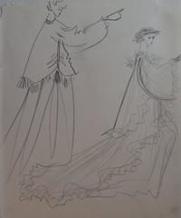 Two Sketches of Dress - Original pencil drawing - c. 1980