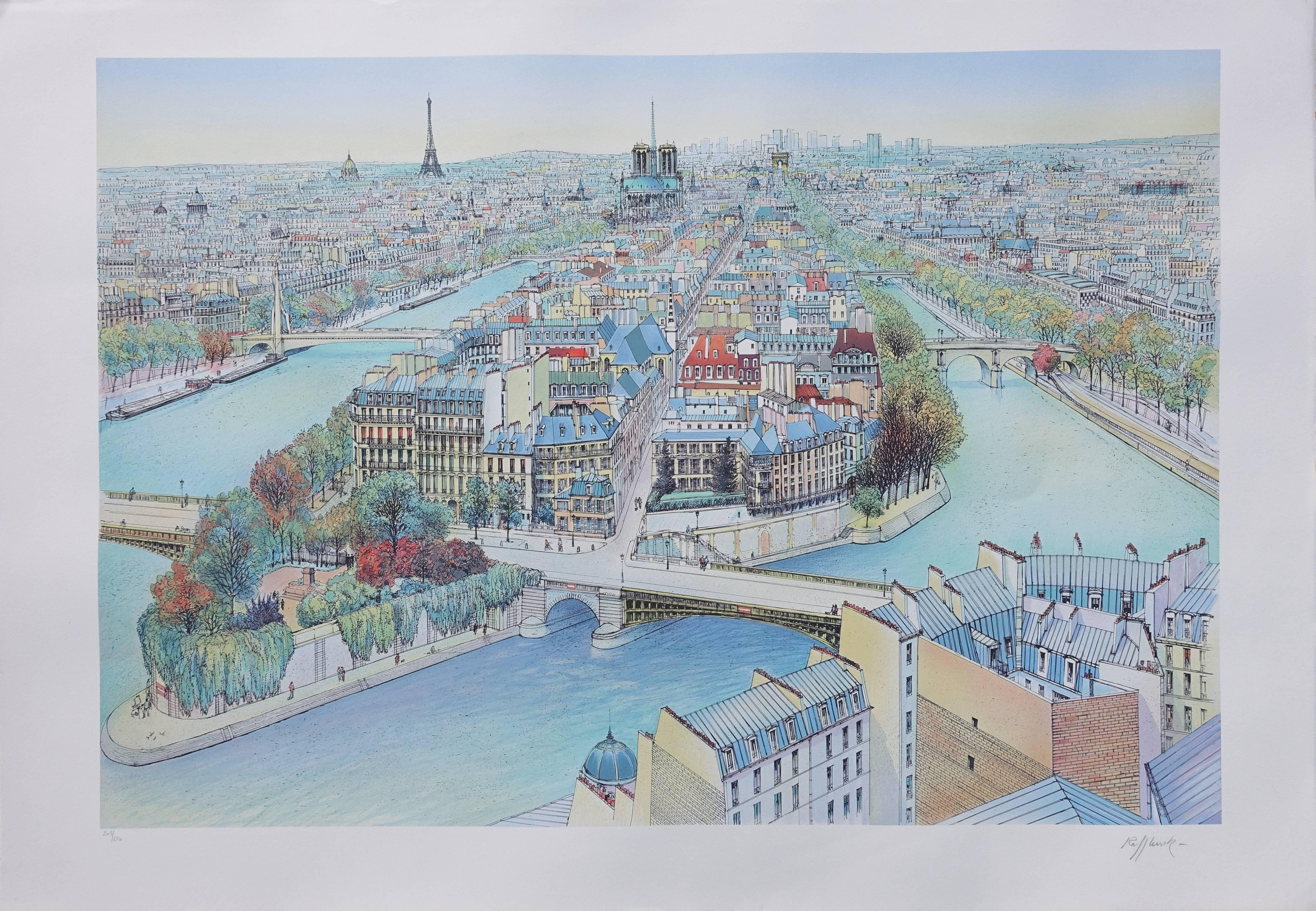 Rolf RAFFLEWSKI Landscape Print - Overview of Paris - Tall handsigned lithograph