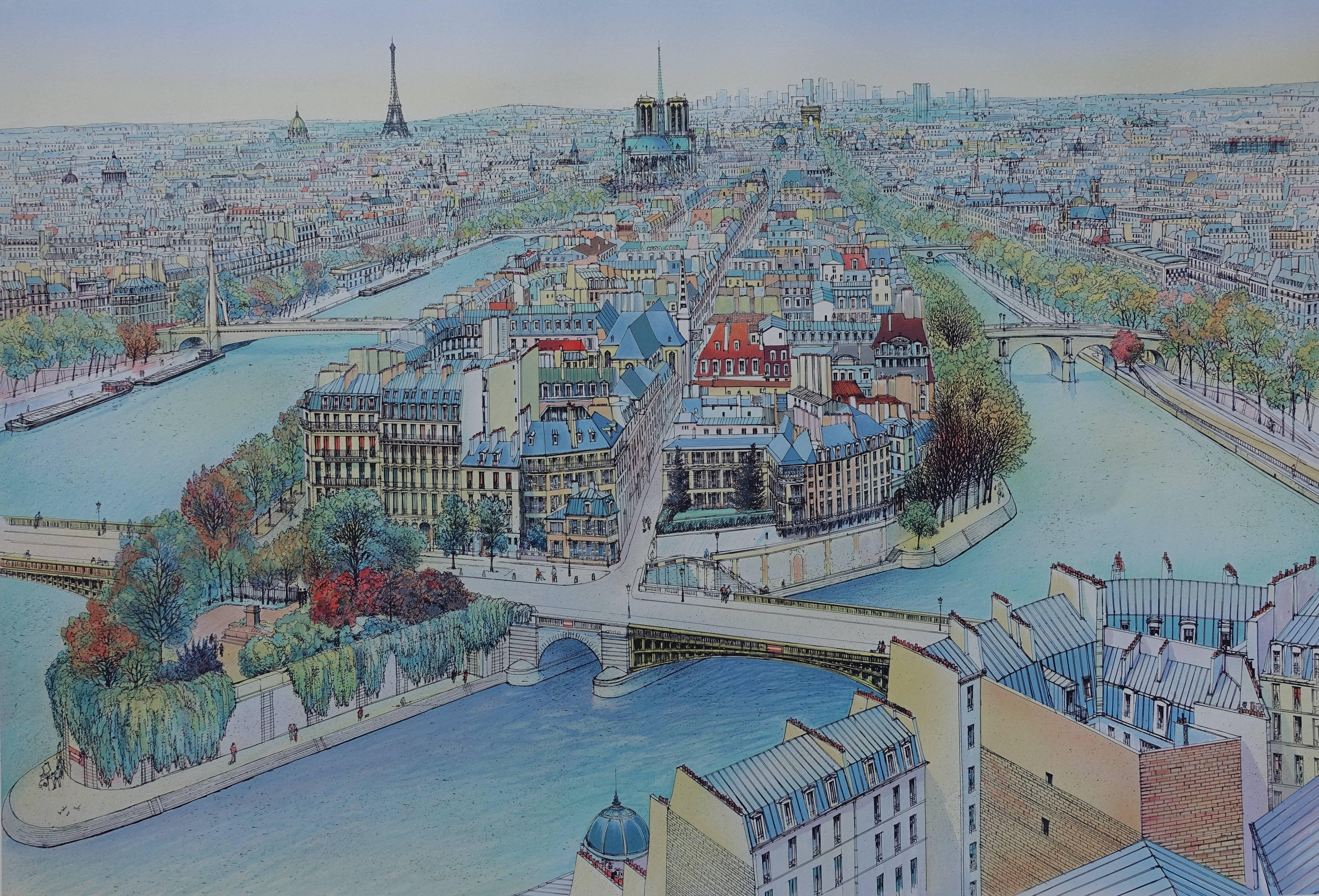 Overview of Paris - Tall handsigned lithograph - Modern Print by Rolf RAFFLEWSKI