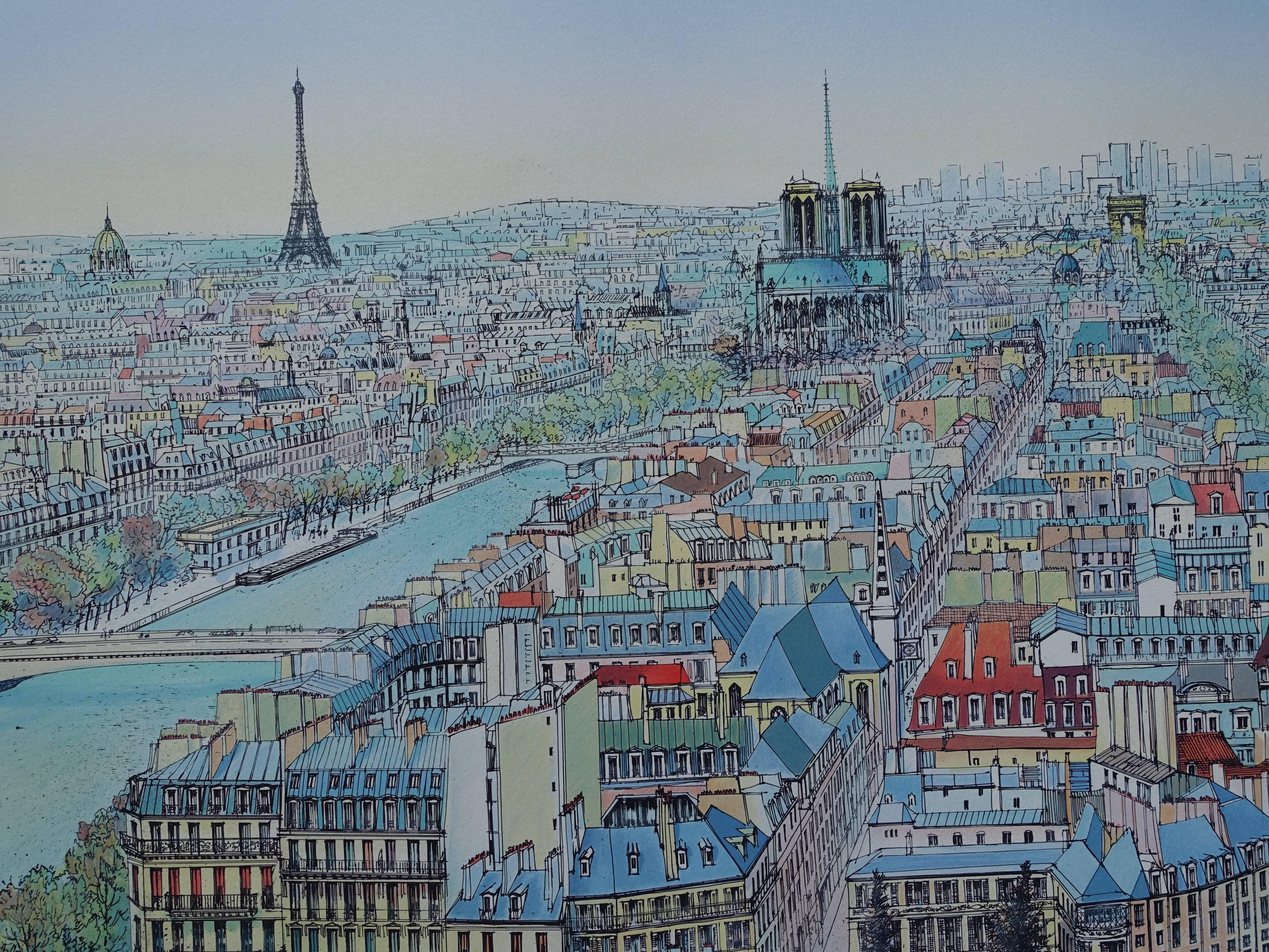 Overview of Paris - Tall handsigned lithograph - Gray Landscape Print by Rolf RAFFLEWSKI