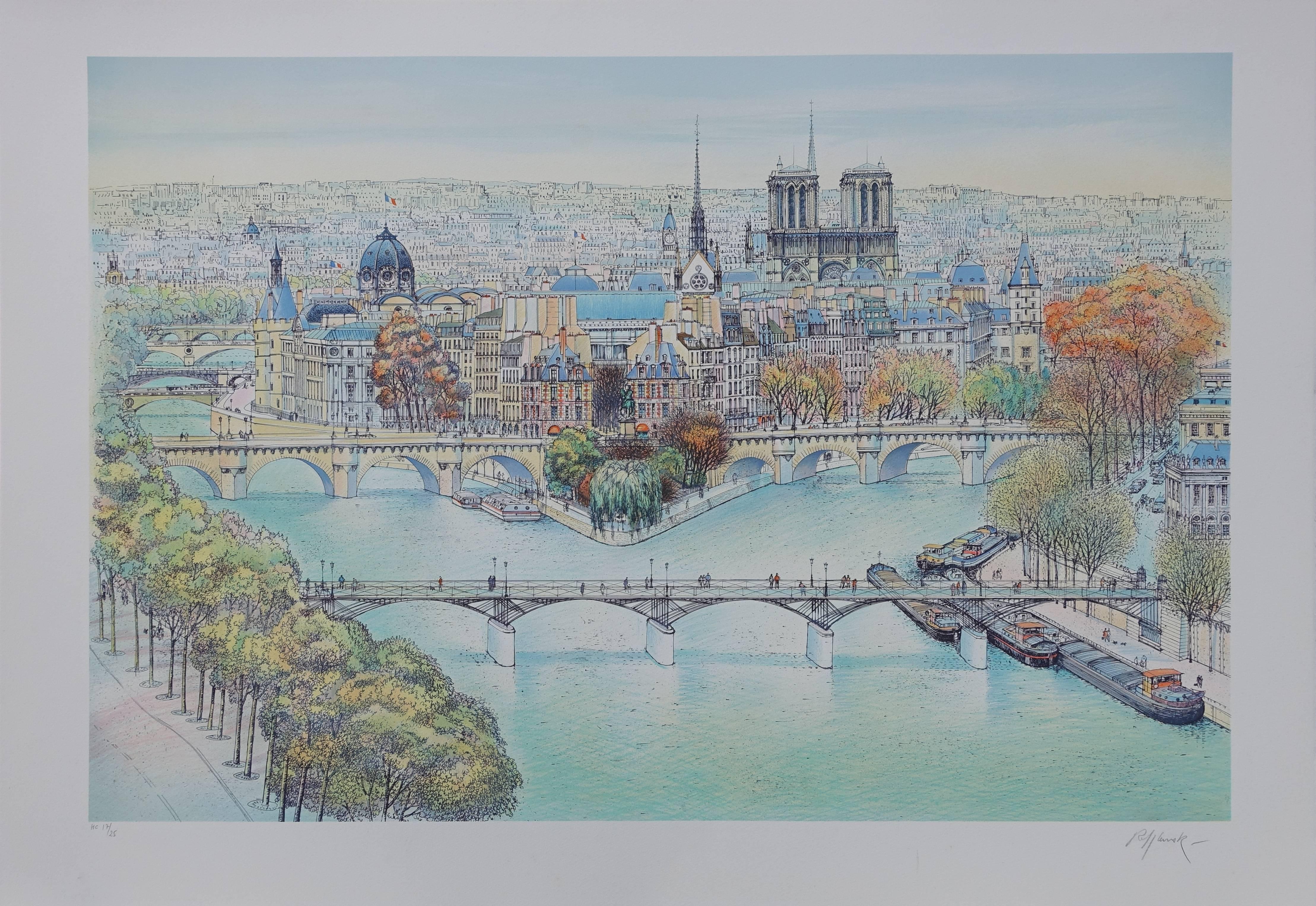 Rolf RAFFLEWSKI Landscape Print - Paris : Seine River, Notre Dame & Ile de la Cite - Tall handsigned lithograph