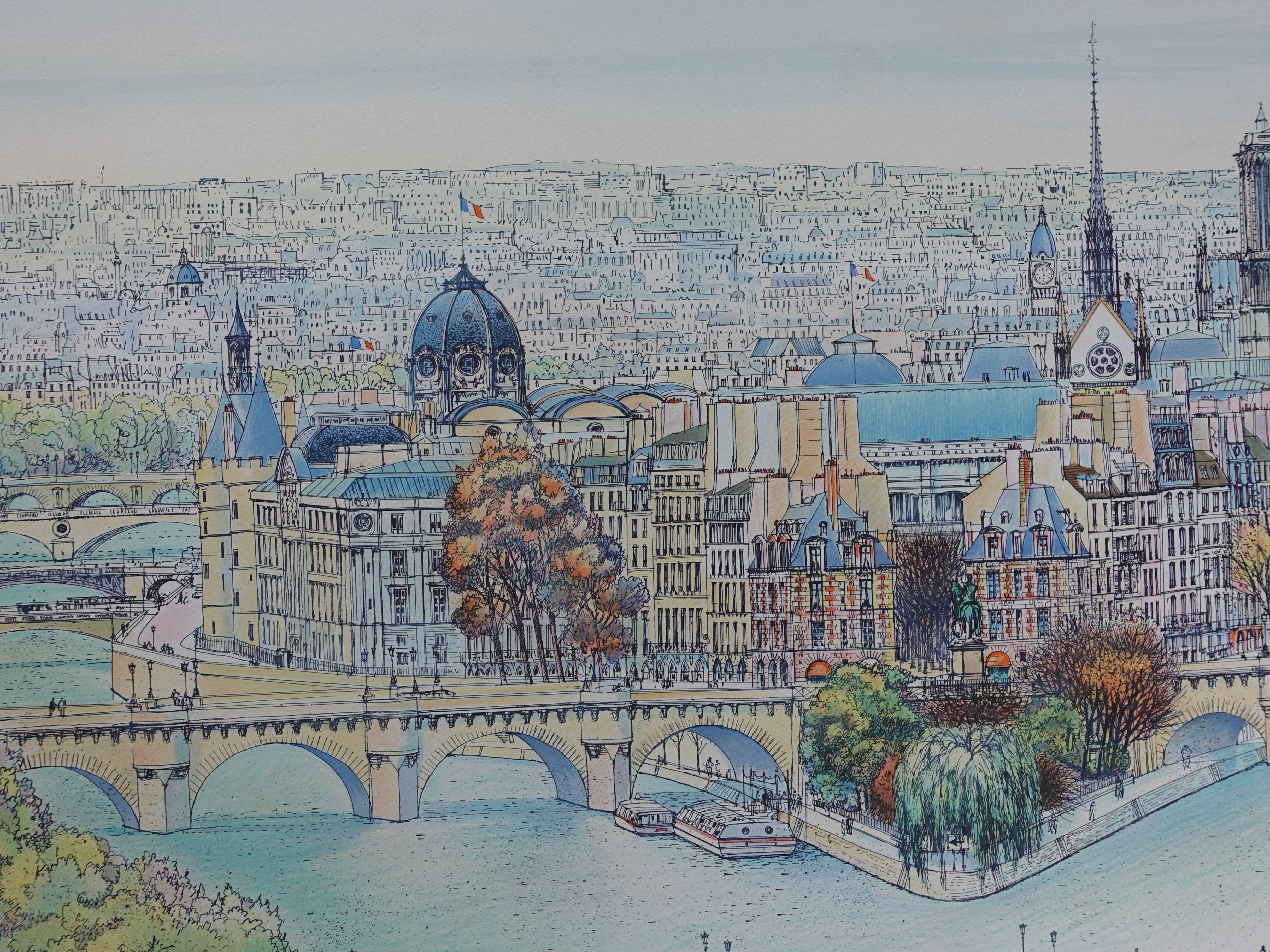 Paris : Seine River, Notre Dame & Ile de la Cite - Tall handsigned lithograph - Modern Print by Rolf RAFFLEWSKI