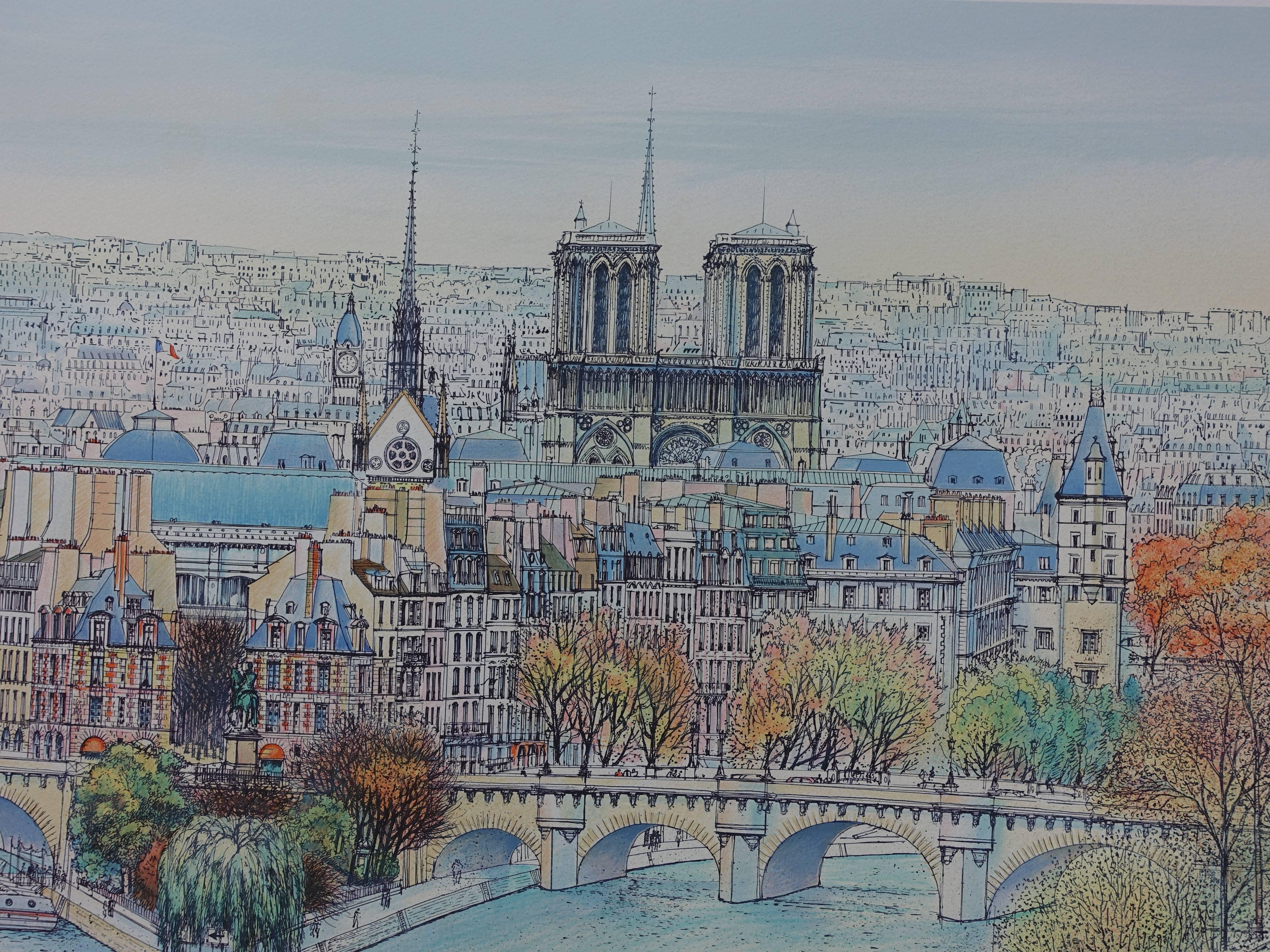 Paris : Seine River, Notre Dame & Ile de la Cite - Tall handsigned lithograph - Gray Landscape Print by Rolf RAFFLEWSKI