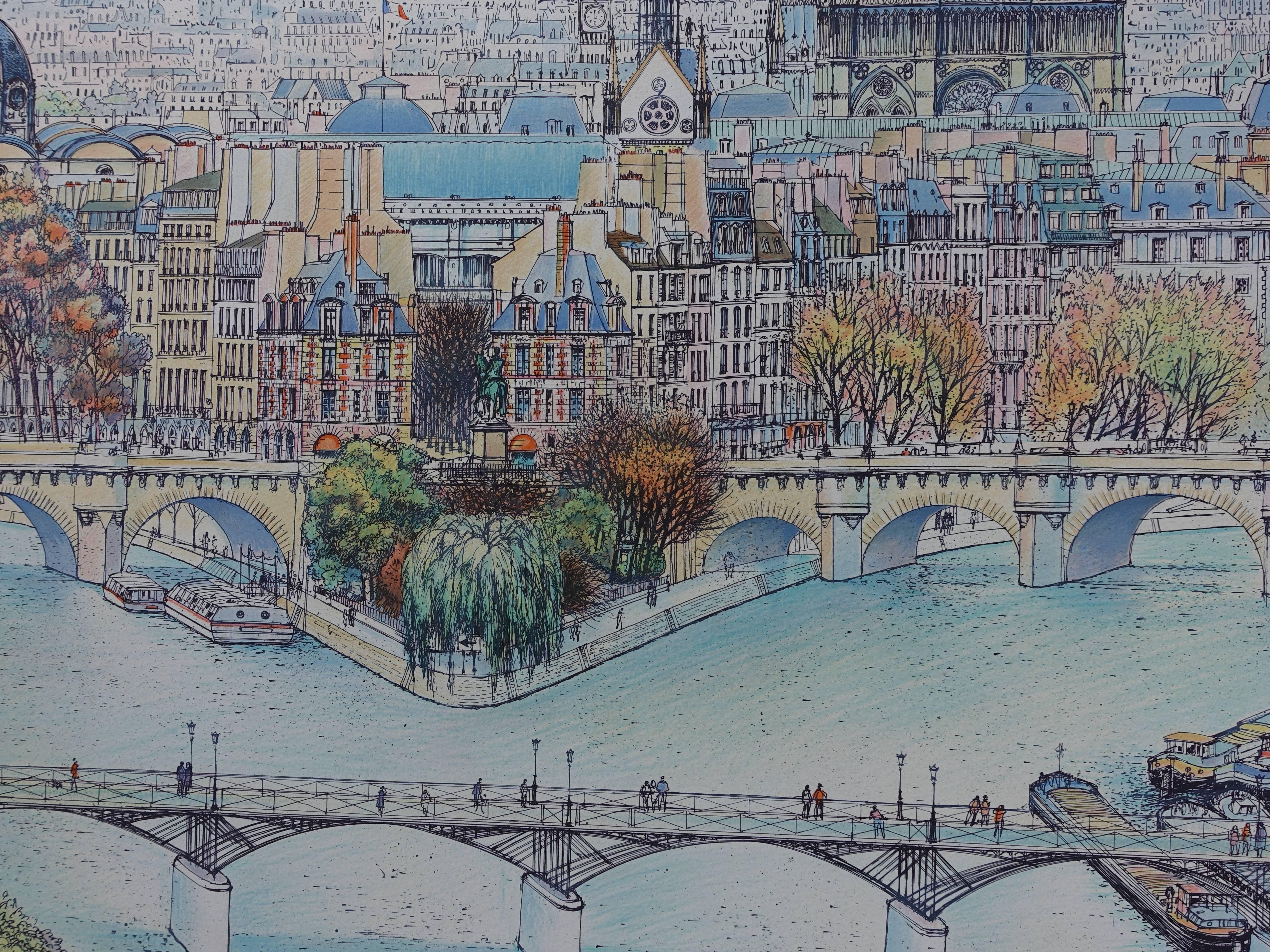 Rolf RAFFLEWSKI
Paris : Seine River, Notre Dame & Ile de la Cite

Original lithograph
Handsigned in pencil
Limited to 25 copies
On Arches vellum 78 x 111 cm (c. 31 x 44 in)

Excellent condition, light defects at the edge of the sheet