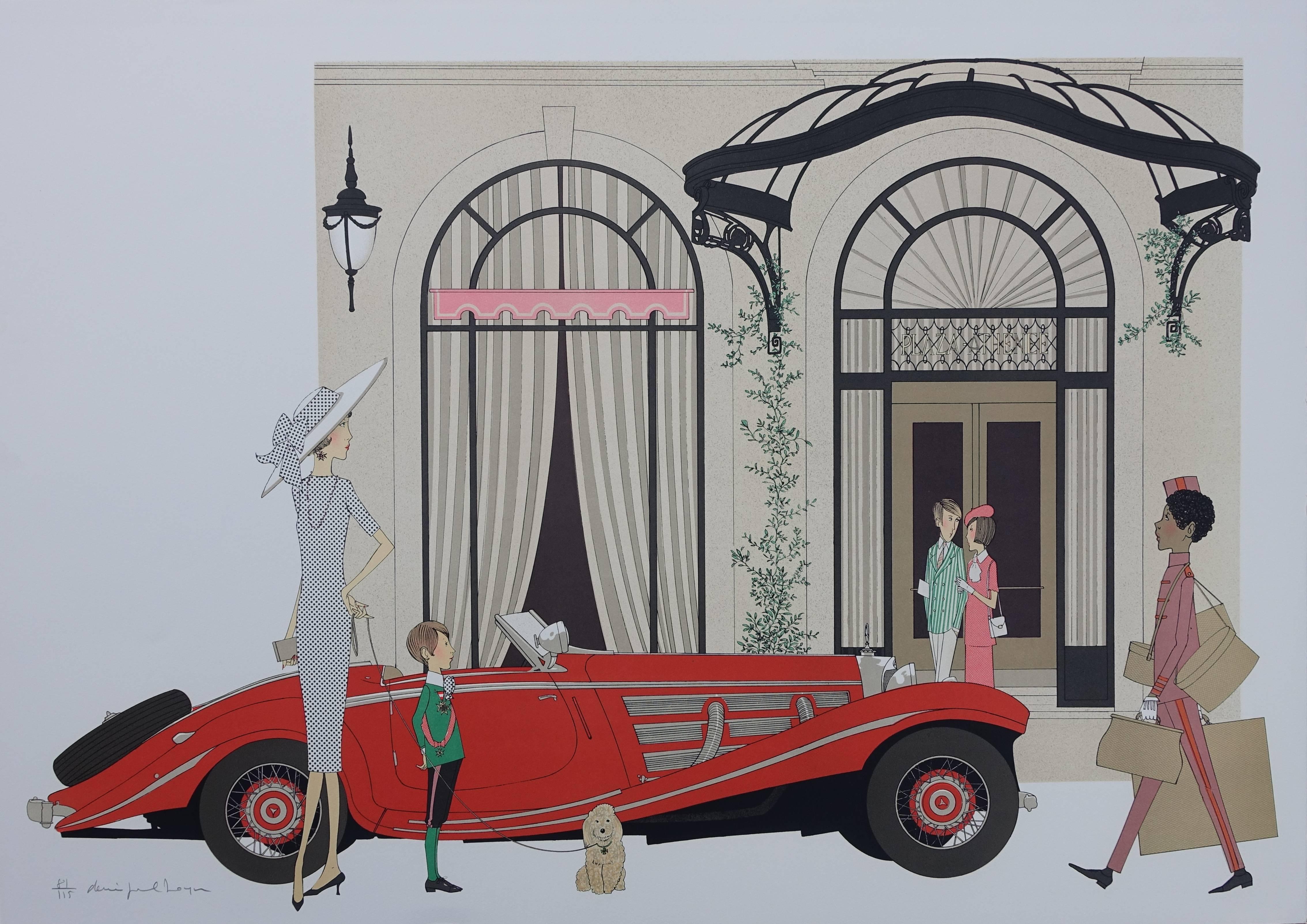 Denis Paul Noyer Figurative Print - Hotel : Mercedes Roadster 540K & Plaza Athenee - Signed lithograph