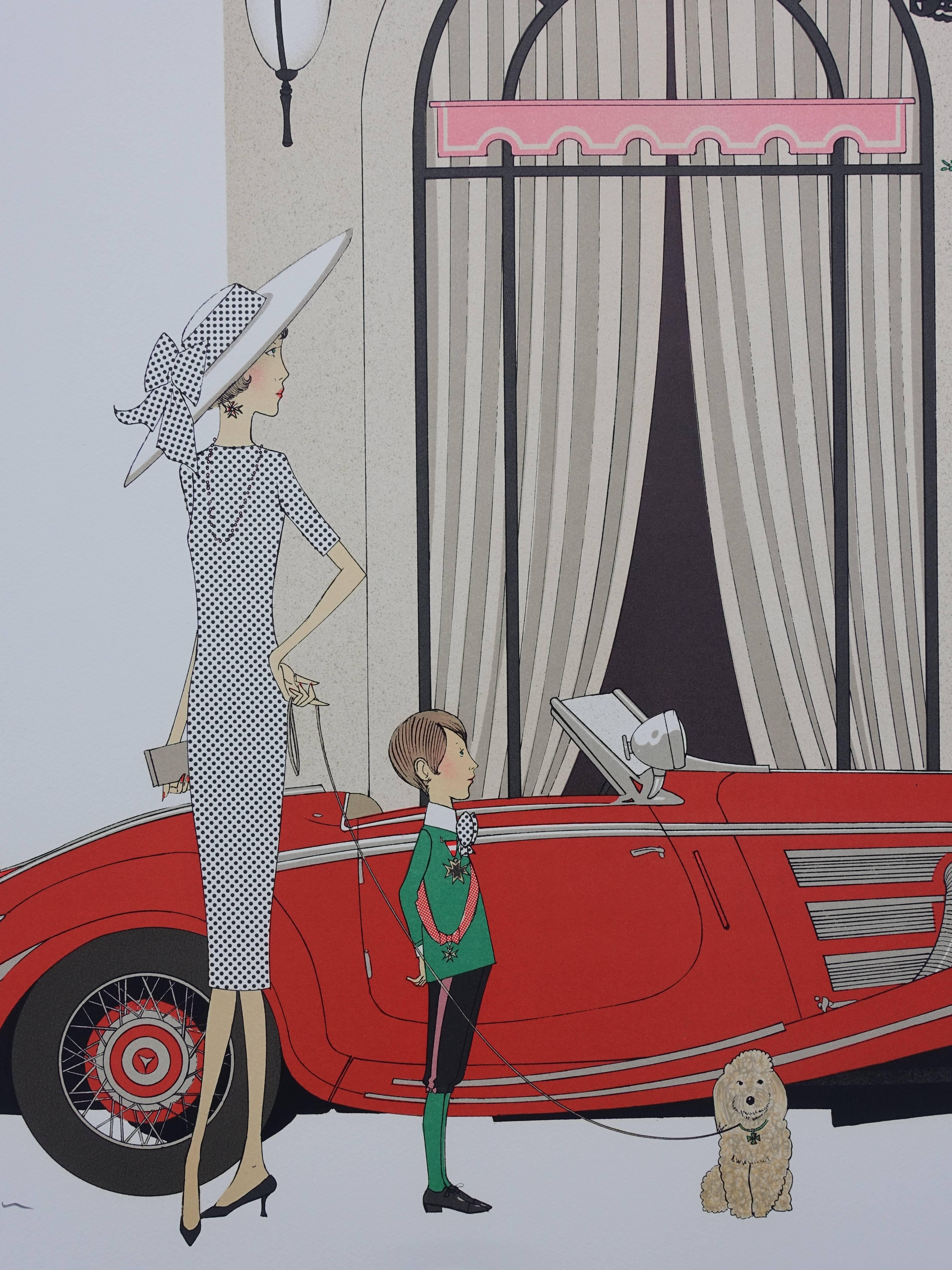 Hotel : Mercedes Roadster 540K & Plaza Athenee - Signed lithograph - Gray Figurative Print by Denis Paul Noyer