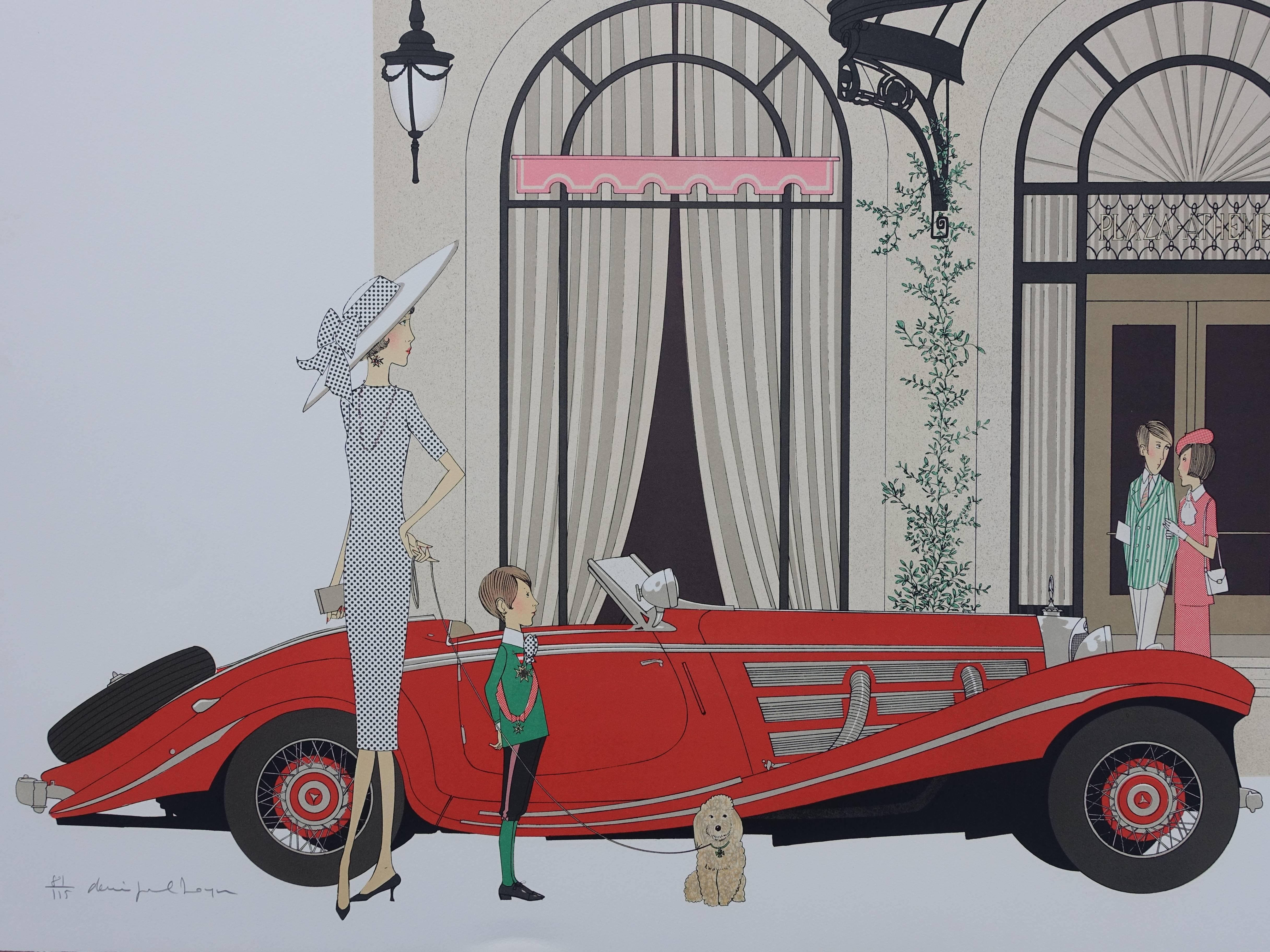 Hotel : Mercedes Roadster 540K & Plaza Athenee - Signed lithograph - Modern Print by Denis Paul Noyer