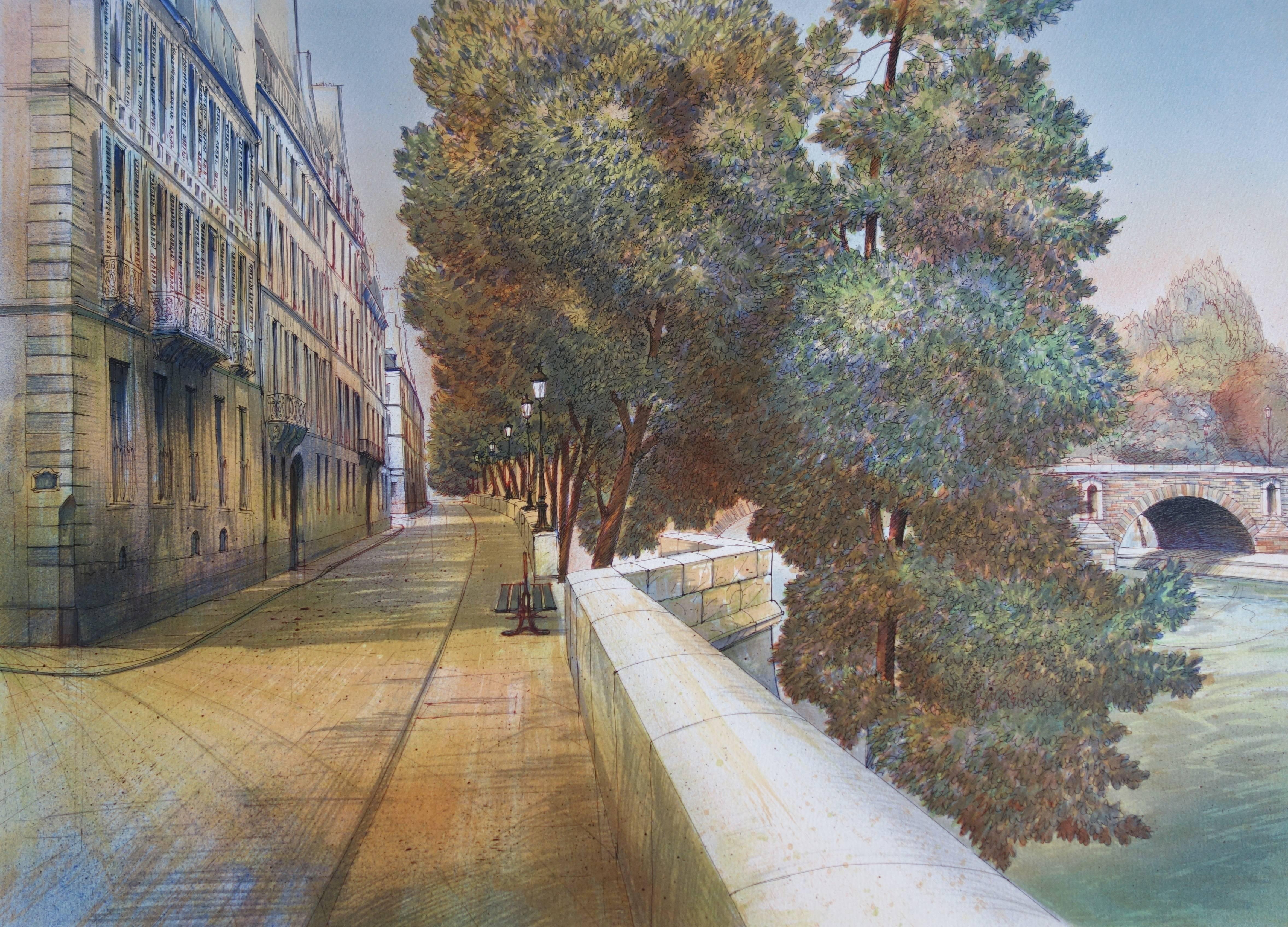 Parigi: vicino alla Senna - Litografia originale firmata - 275ex - Print Moderno di Rolf RAFFLEWSKI
