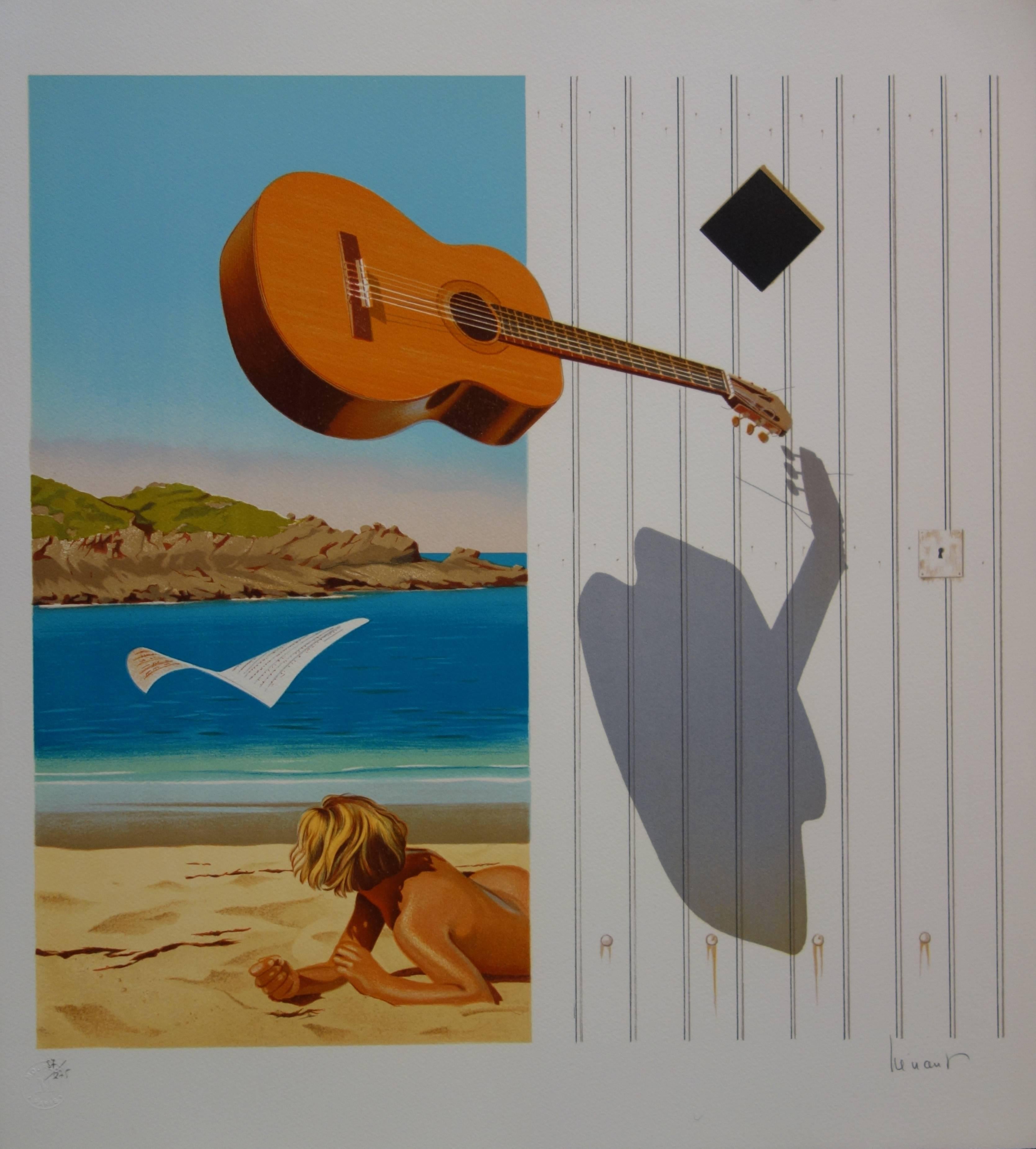 Jean-Pierre Henaut Figurative Print - Surrealist Beach & Guitar - Original handsigned lithograph - 275ex