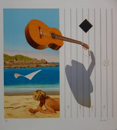 Vintage Surrealist Beach & Guitar - Original handsigned lithograph - 275ex