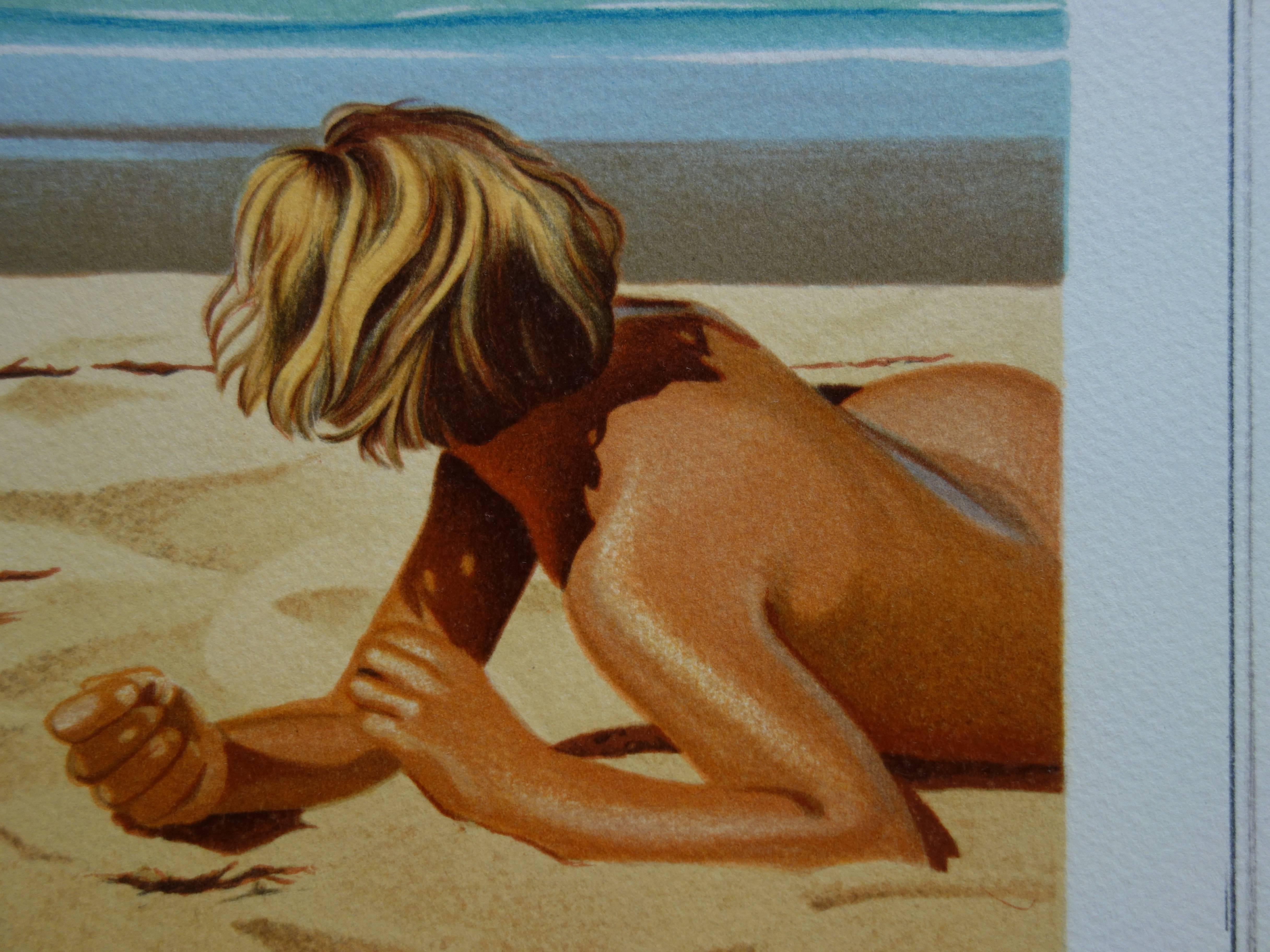 Surrealist Beach & Guitar - Original handsigned lithograph - 275ex - Gray Figurative Print by Jean-Pierre Henaut