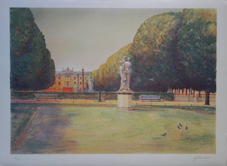 Rolf RAFFLEWSKI Landscape Print - Square in Paris with the Kiss Sculpture - Original handsigned lithograph - 275ex