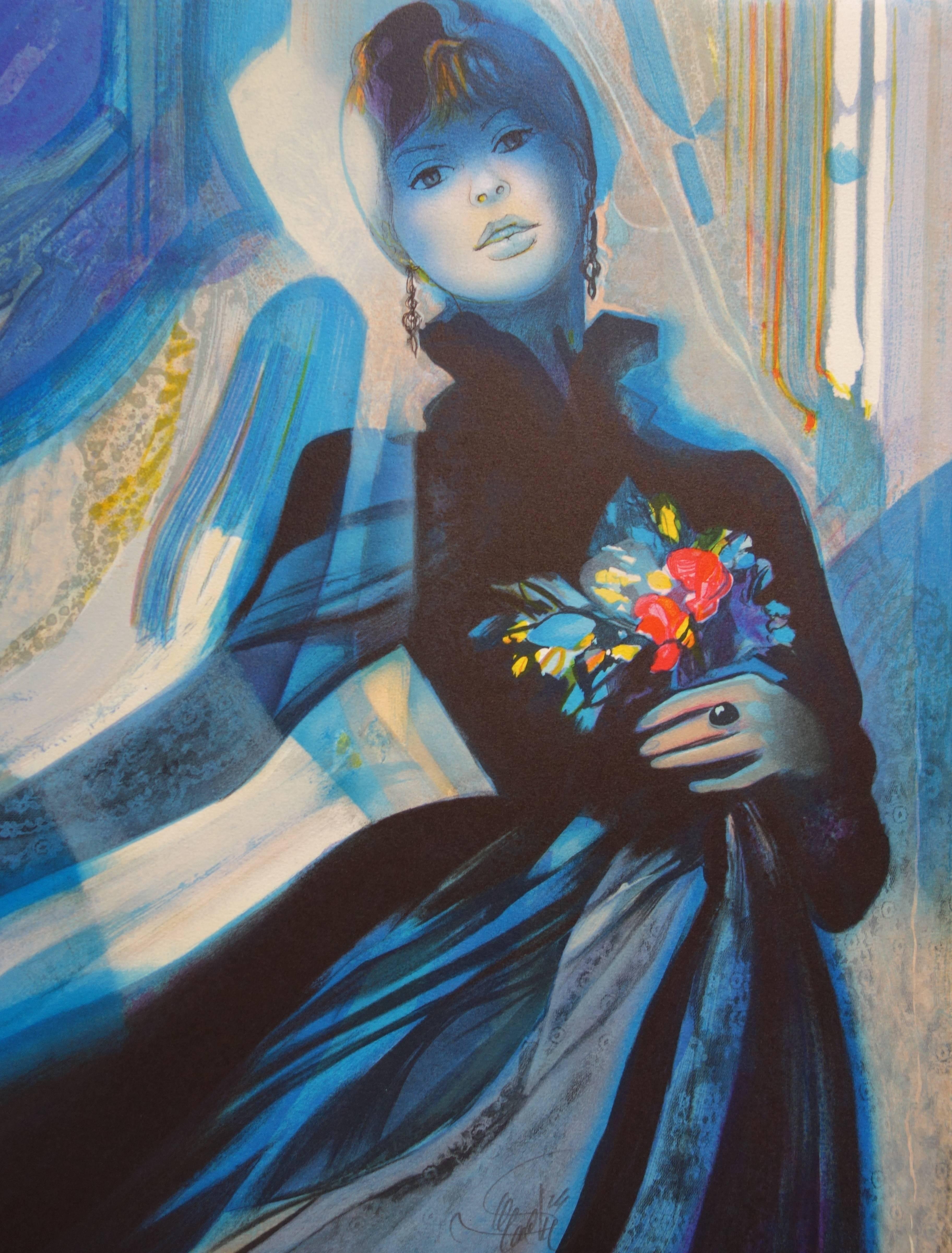 Belle Epoque - Original handsigned lithograph - 199ex - Blue Figurative Print by Jean-Baptiste Valadie