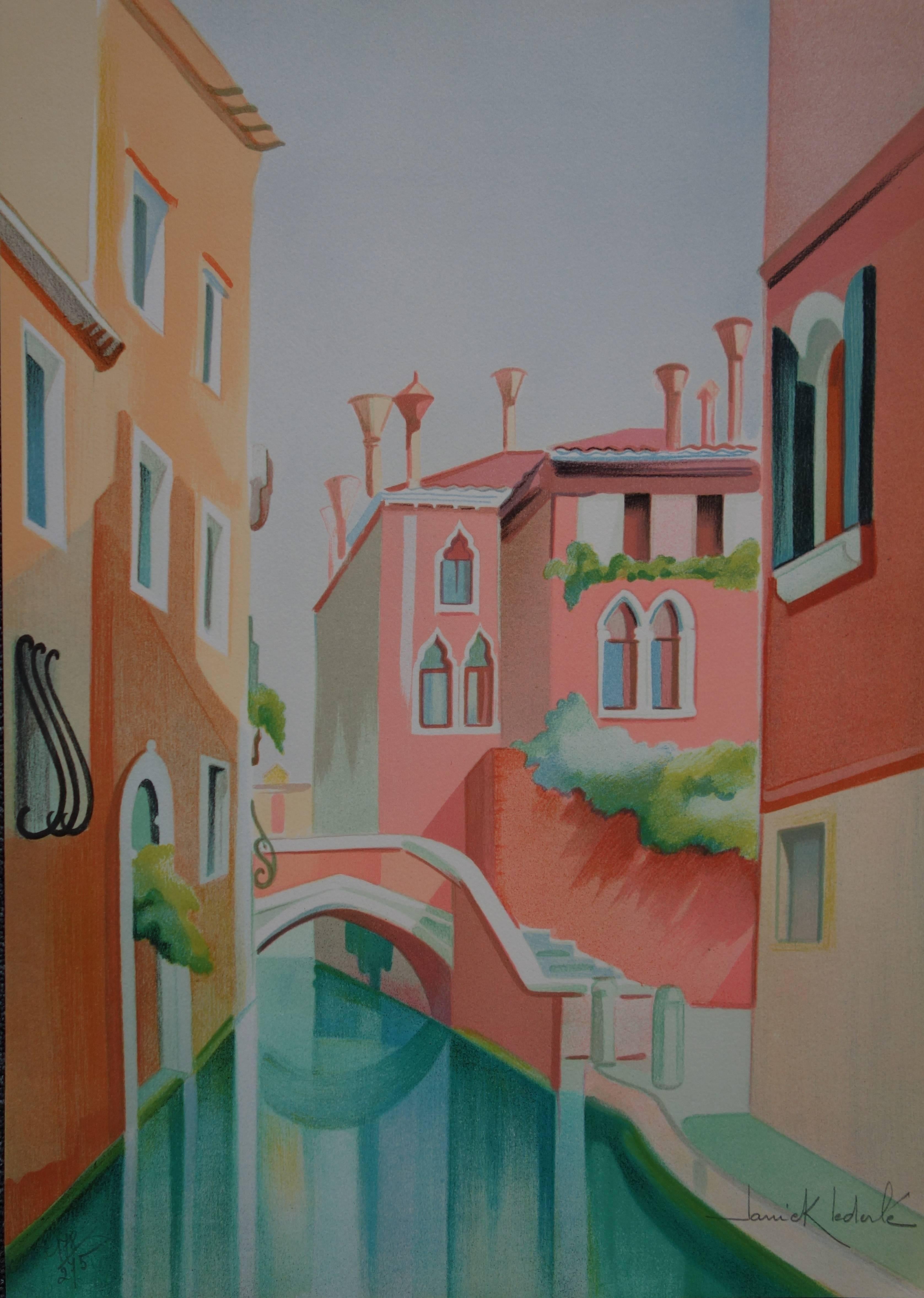 Janick Lederle Landscape Print - Quiet Canal in Venice - Original handsigned lithograph - 275ex