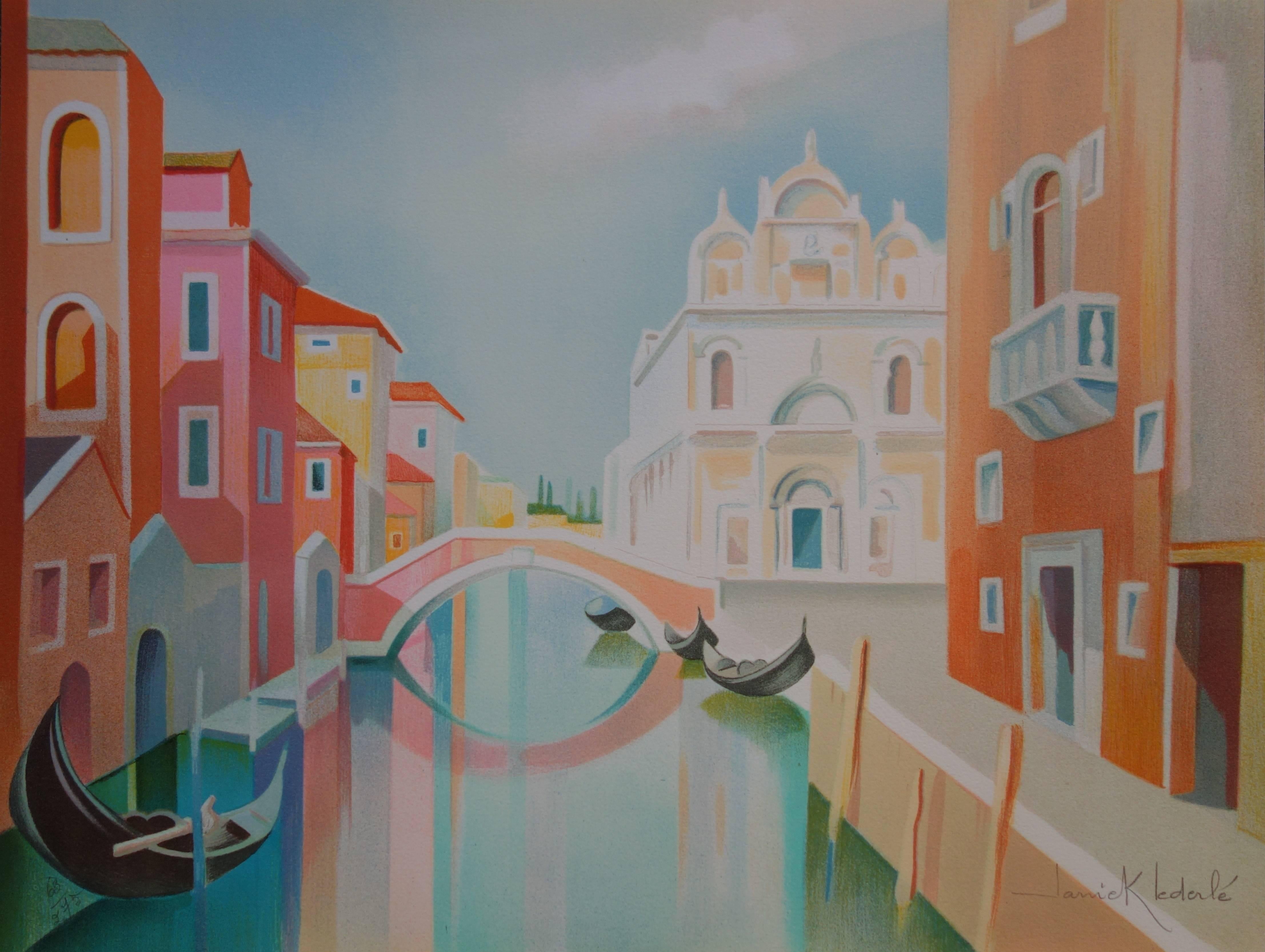 Janick Lederle Landscape Print - Gondola in Venice - Original handsigned lithograph - 275ex