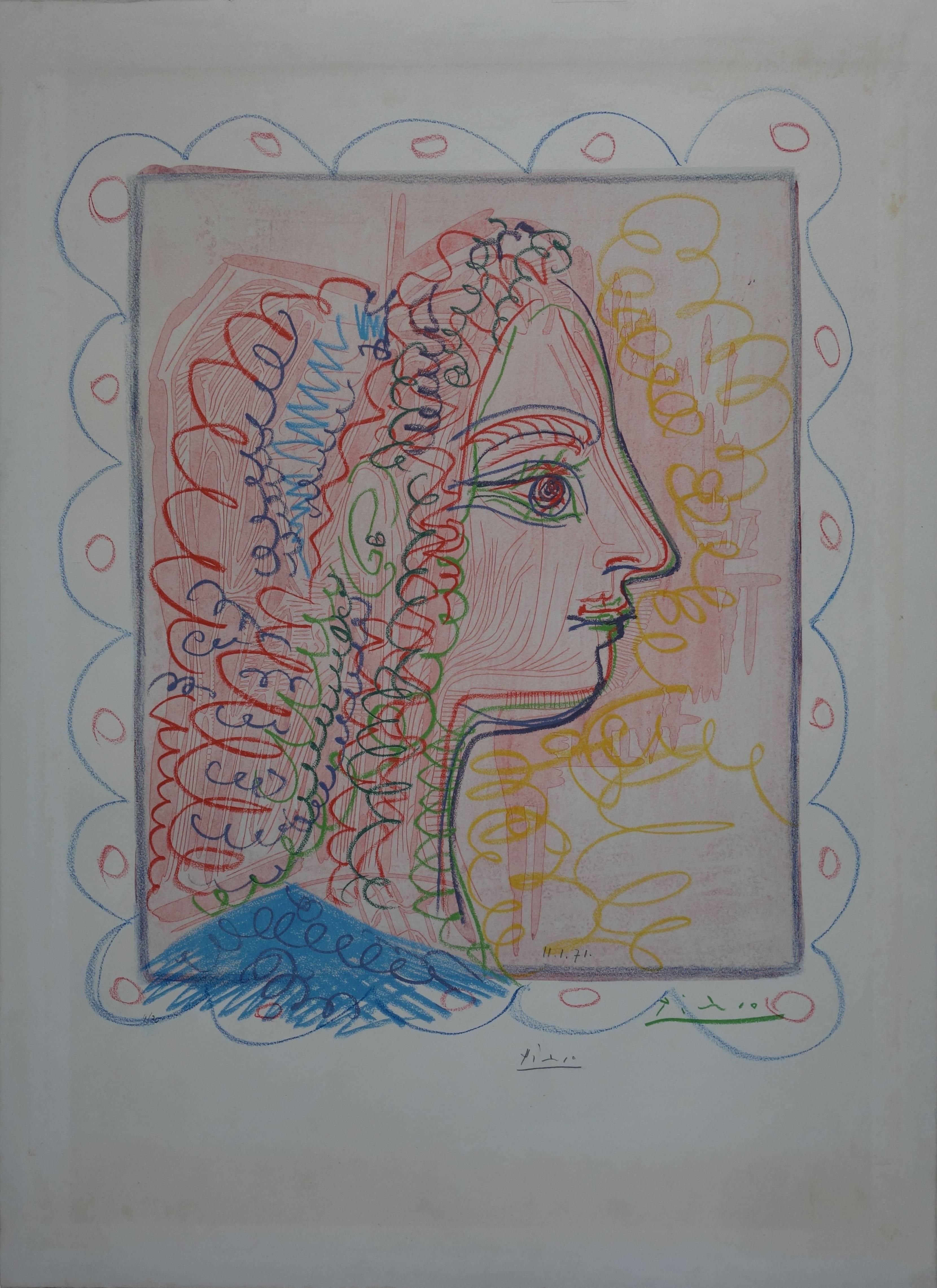 (after) Pablo Picasso Portrait Print - Woman Profile in Blue and Pink - Handsigned lithograph - 70ex
