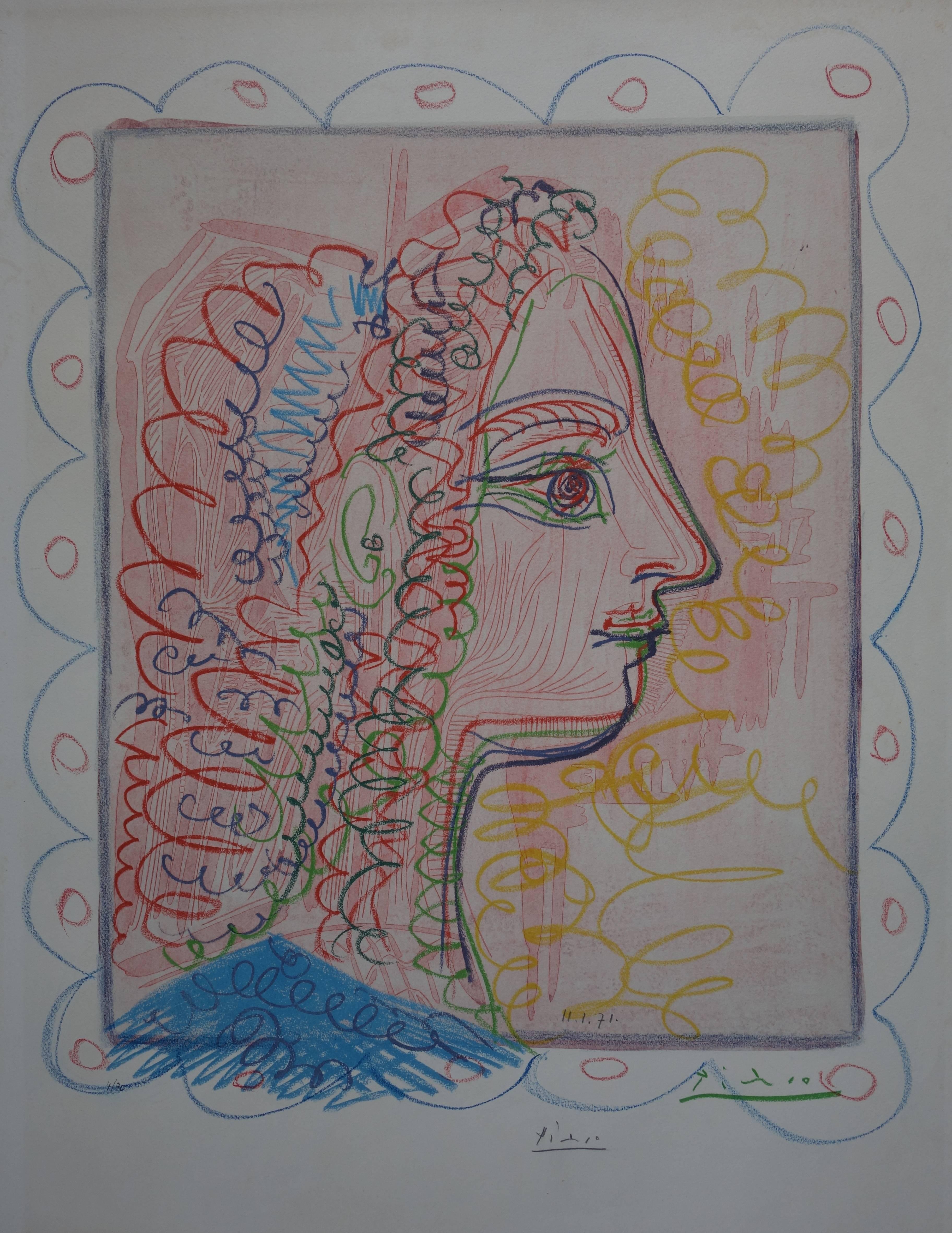 Woman Profile in Blue and Pink - Handsigned lithograph - 70ex - Gray Portrait Print by (after) Pablo Picasso