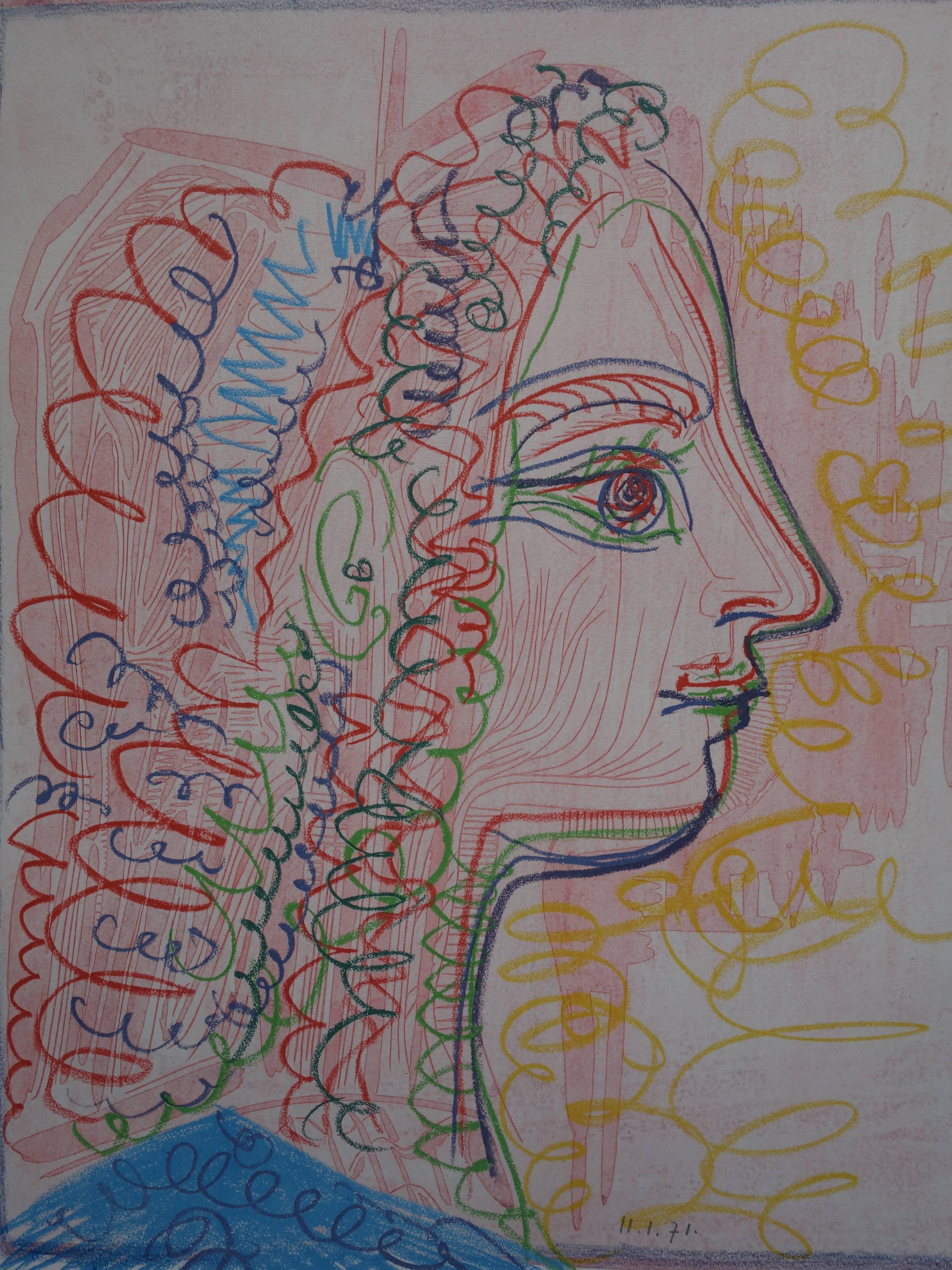 Pablo PICASSO 
Woman Profile in Blue and Pink

Stone lithograph based on a drawing in wax pastel by the artist
Signed & dated in pencil
From an edition of 70 copies
Edited by Decorative Arts Museum of Lausanne, Switzerland 
Authenticated by the