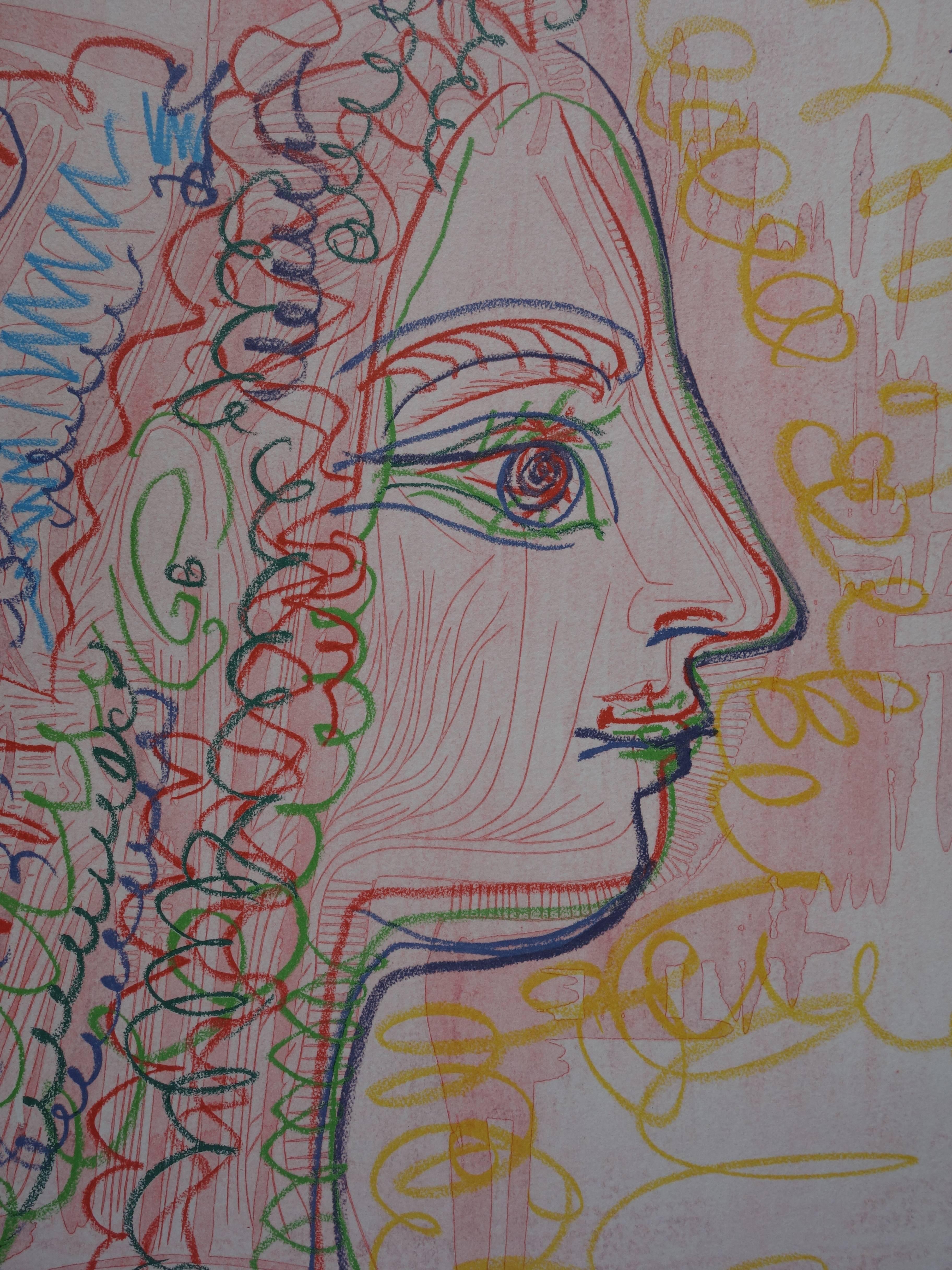 Woman Profile in Blue and Pink - Handsigned lithograph - 70ex 1