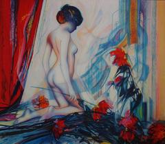 Vintage Nude with Dahlias - Original handsigned lithograph - 199ex