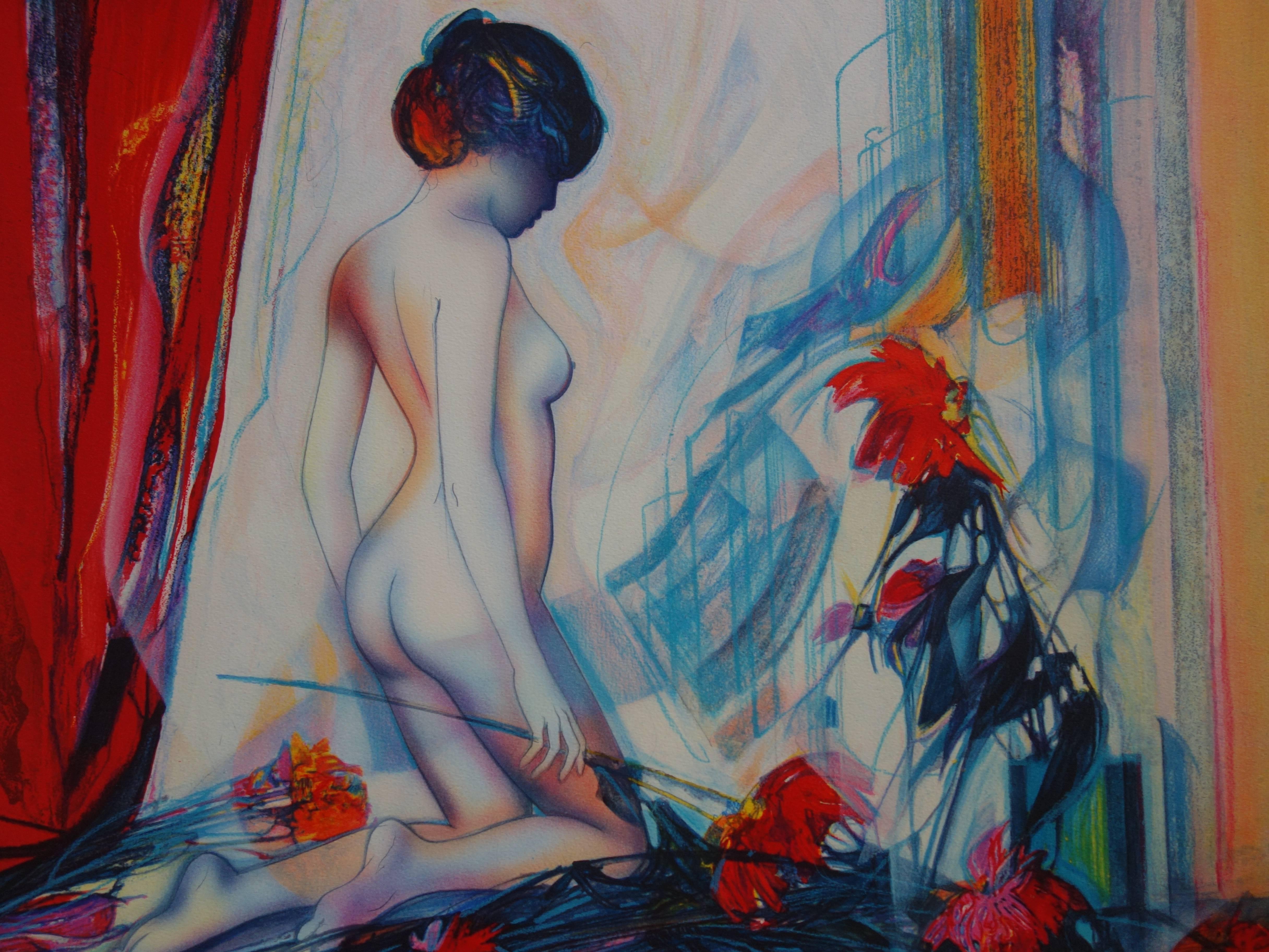 Nude with Dahlias - Original handsigned lithograph - 199ex - Modern Print by Jean-Baptiste Valadie