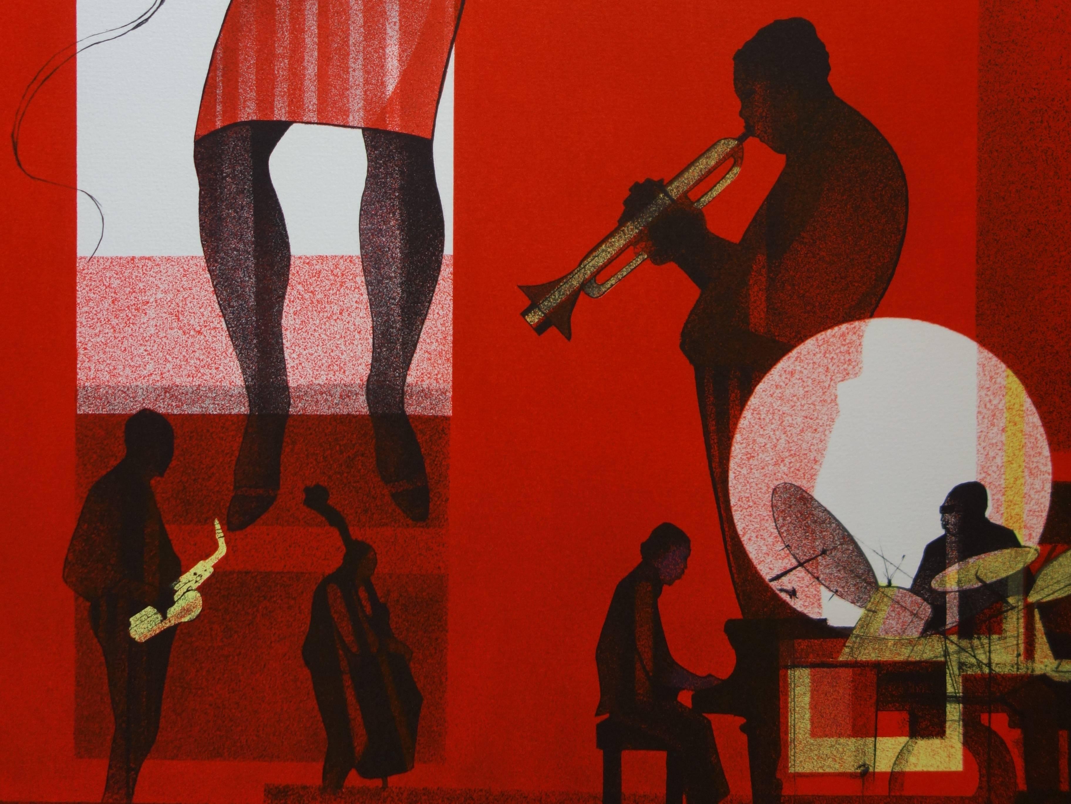 Jazz : Hot Swing- Original handsigned lithograph - 275ex - Red Figurative Print by Sacha Chimkevitch