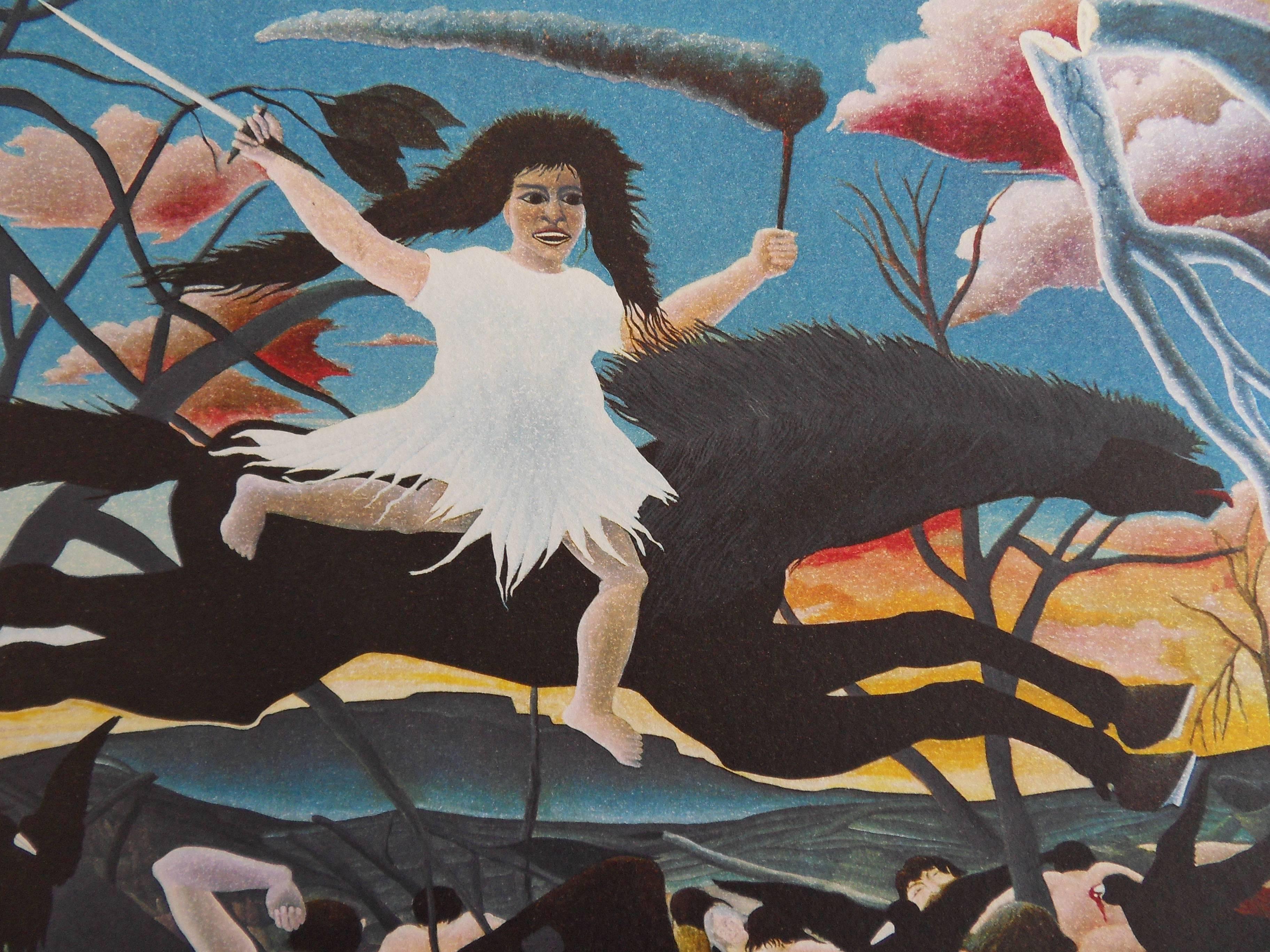 La guerra - Litografia - 300ex - Figurative Print Grigio di (after) Henri Rousseau