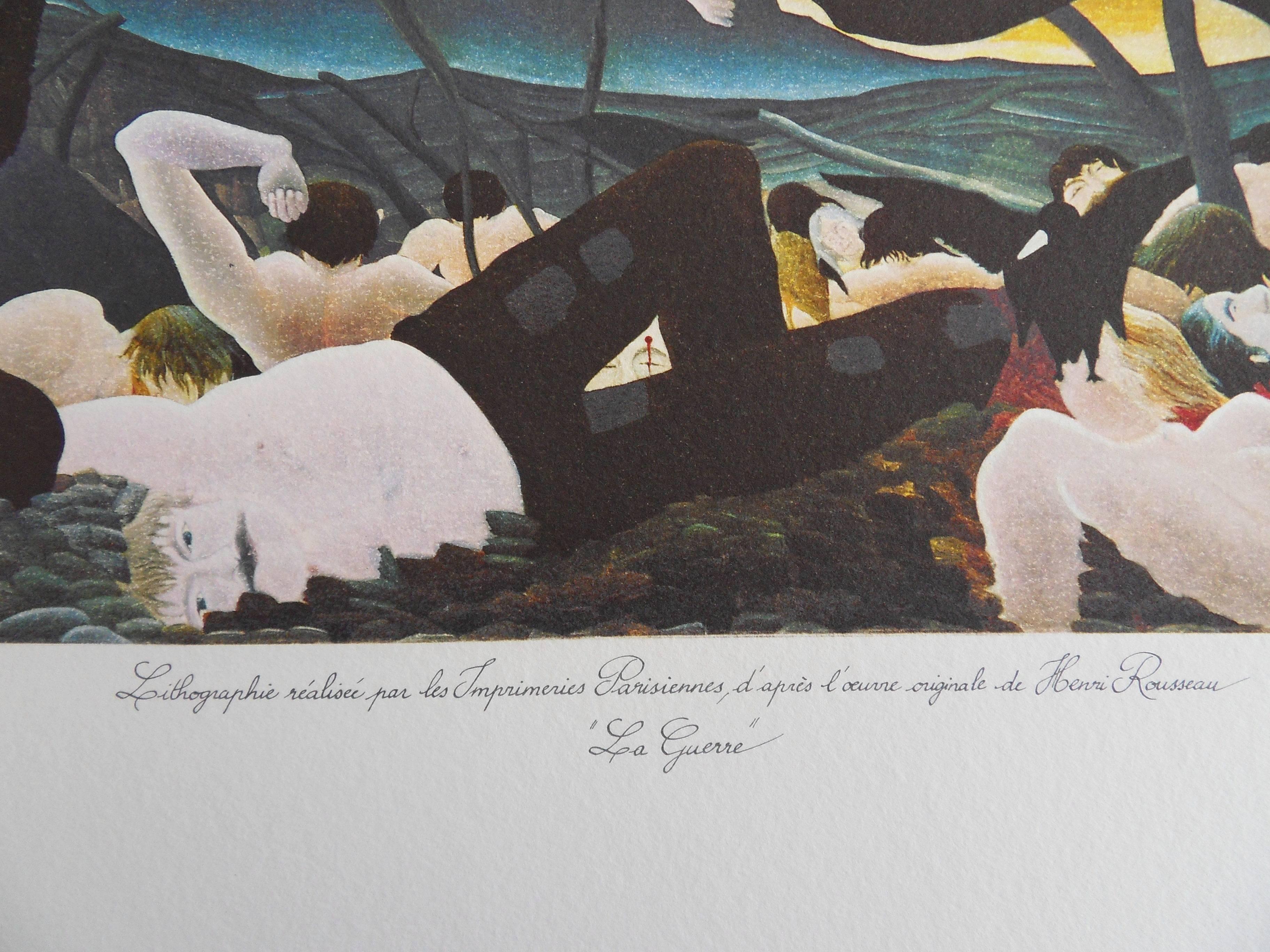 Henri Rousseau (detto Le Douanier ROUSSEAU) (after)
La guerra

Litografia su pietra dopo un dipinto
Firma stampata nella lastra
Numerato /300 copie
Su pergamena 57 x 75 cm (circa 23 x 30 pollici)

Informazioni : Questa litografia è stata realizzata