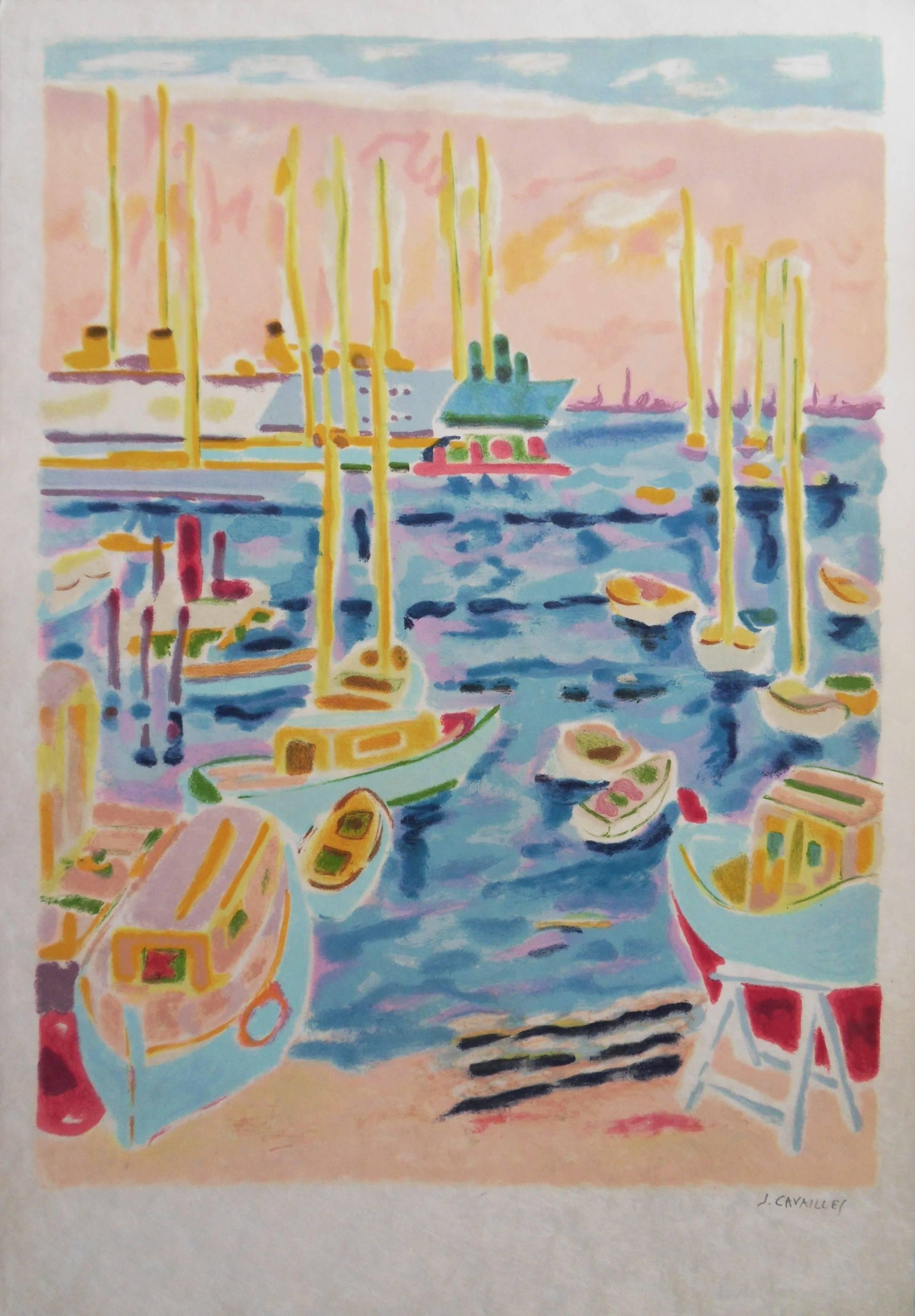 Jules Cavailles Landscape Print - Cannes Harbour - Signed lithograph