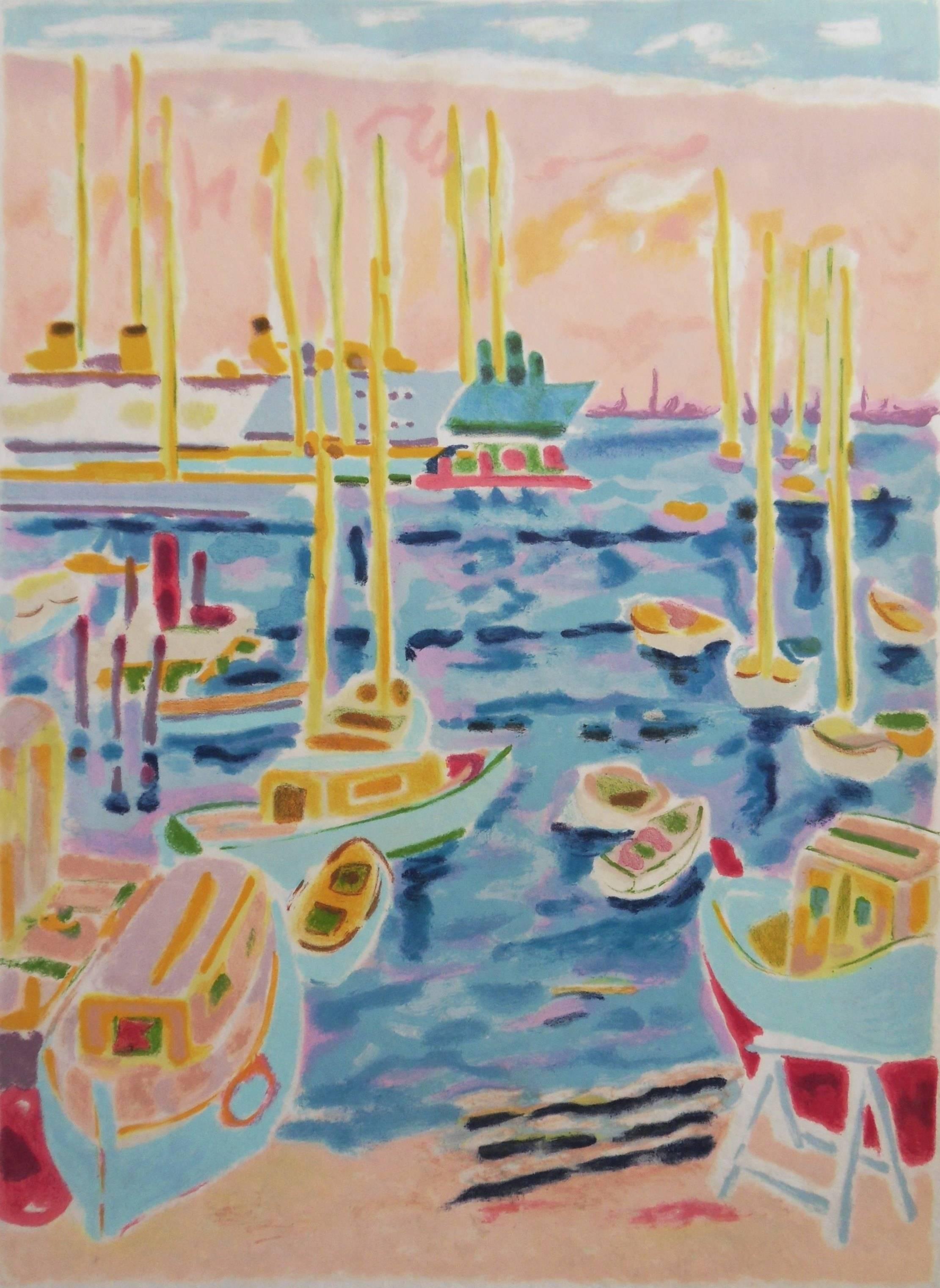 Cannes Harbour - Signed lithograph - Post-Impressionist Print by Jules Cavailles