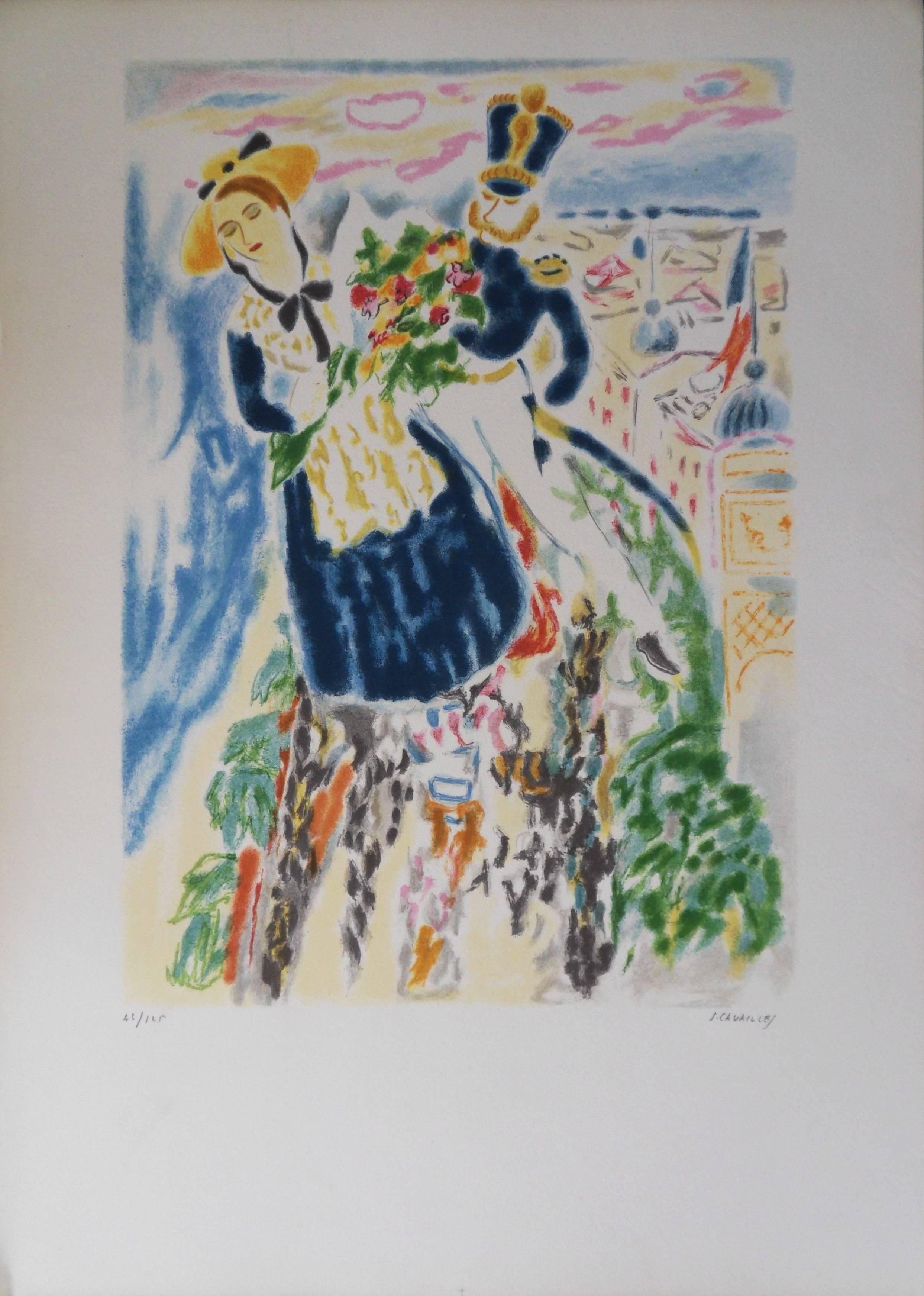 Jules Cavailles Figurative Print - Carnival of Nice : Battle of Flowers - Signed lithograph - 50ex