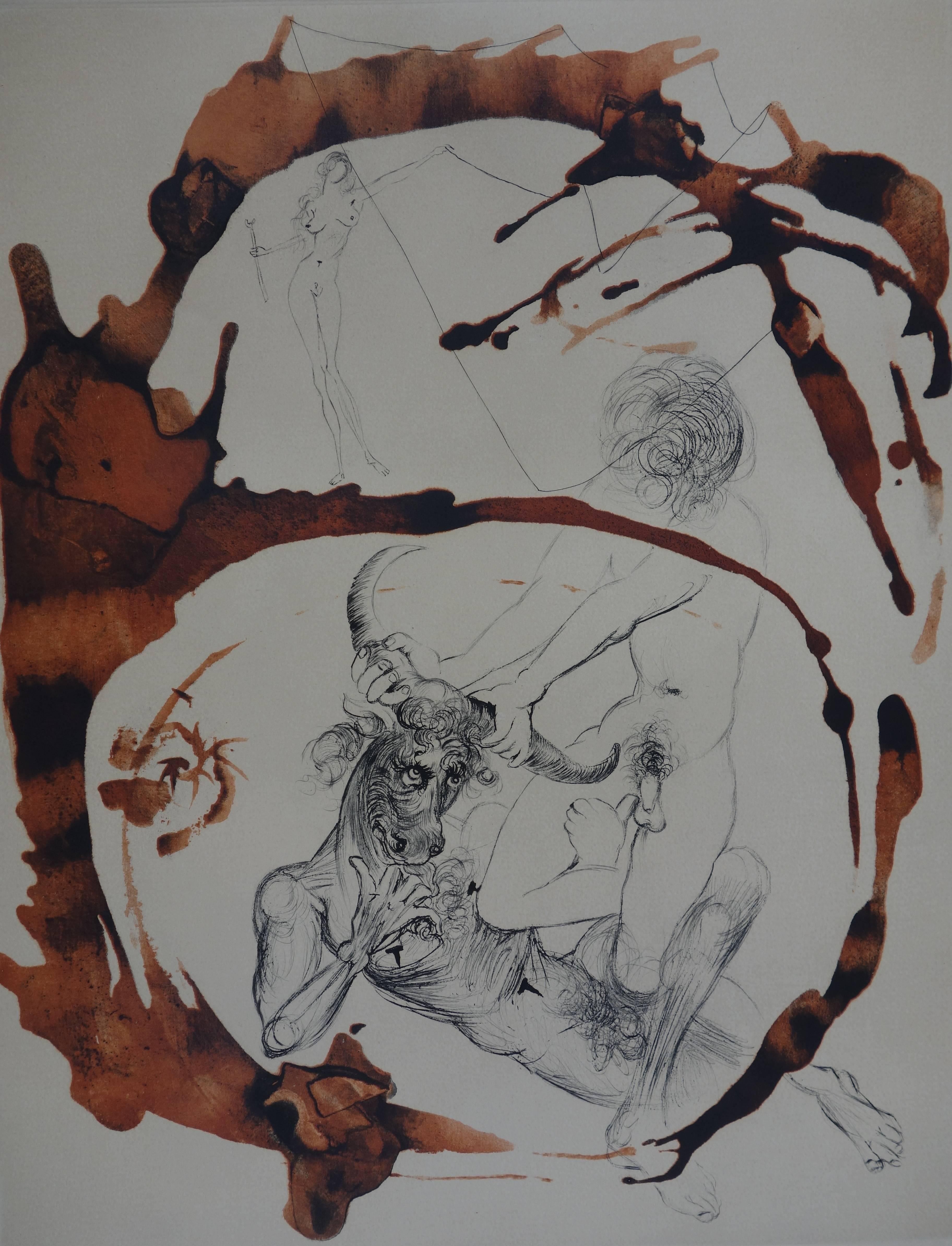 Mythology: Theseus und der Minotaur – Original signierte Radierung (Grau), Figurative Print, von Salvador Dalí