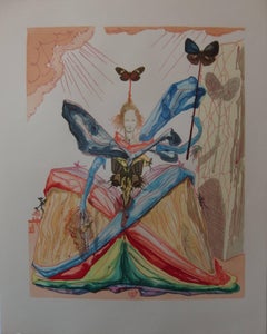 Tricorne : Woman with Butterflies - Original woodcut - 1959