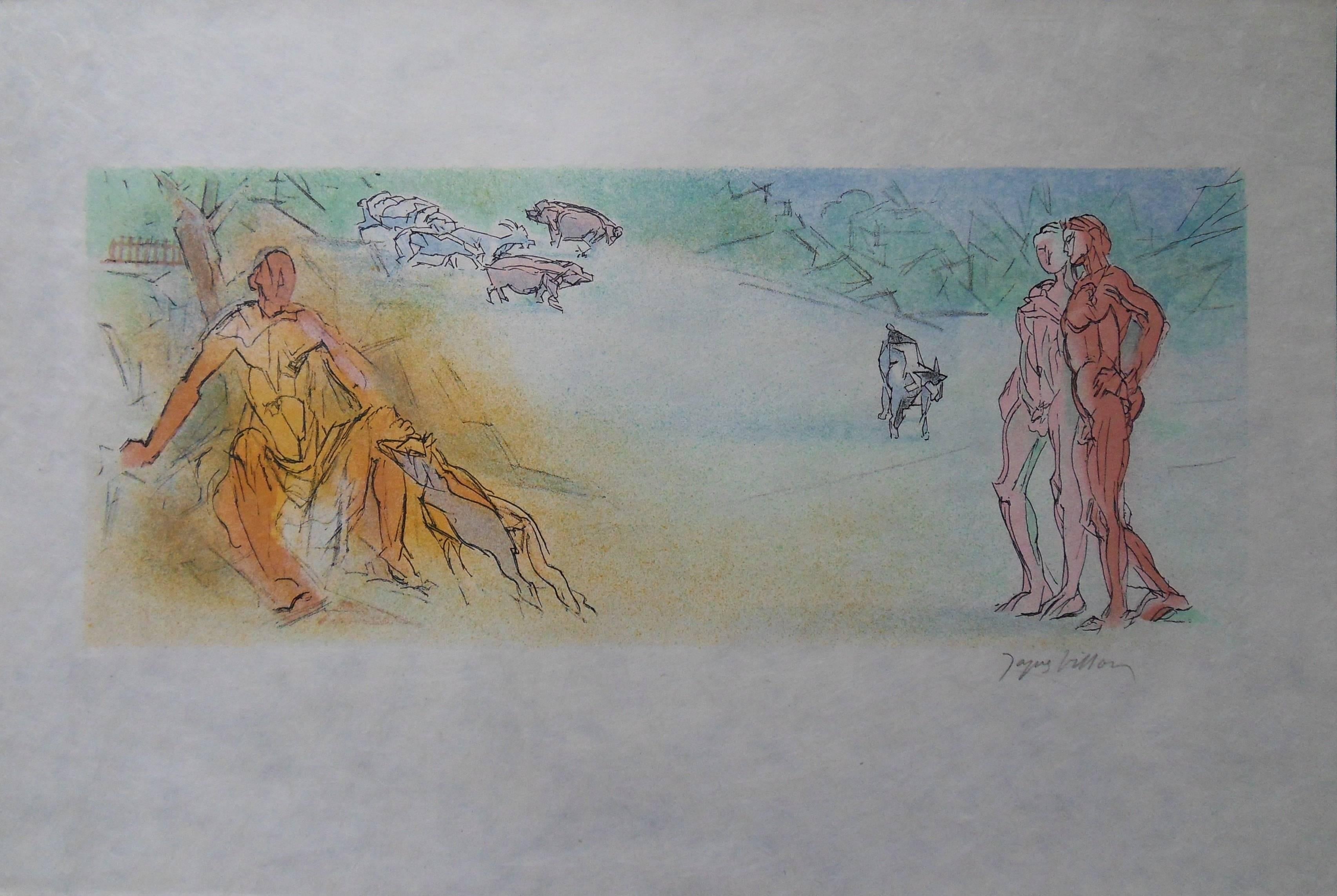 Jacques Villon Figurative Print - Meeting Alexis in a Landscape - Signed lithograph - Mourlot 1953