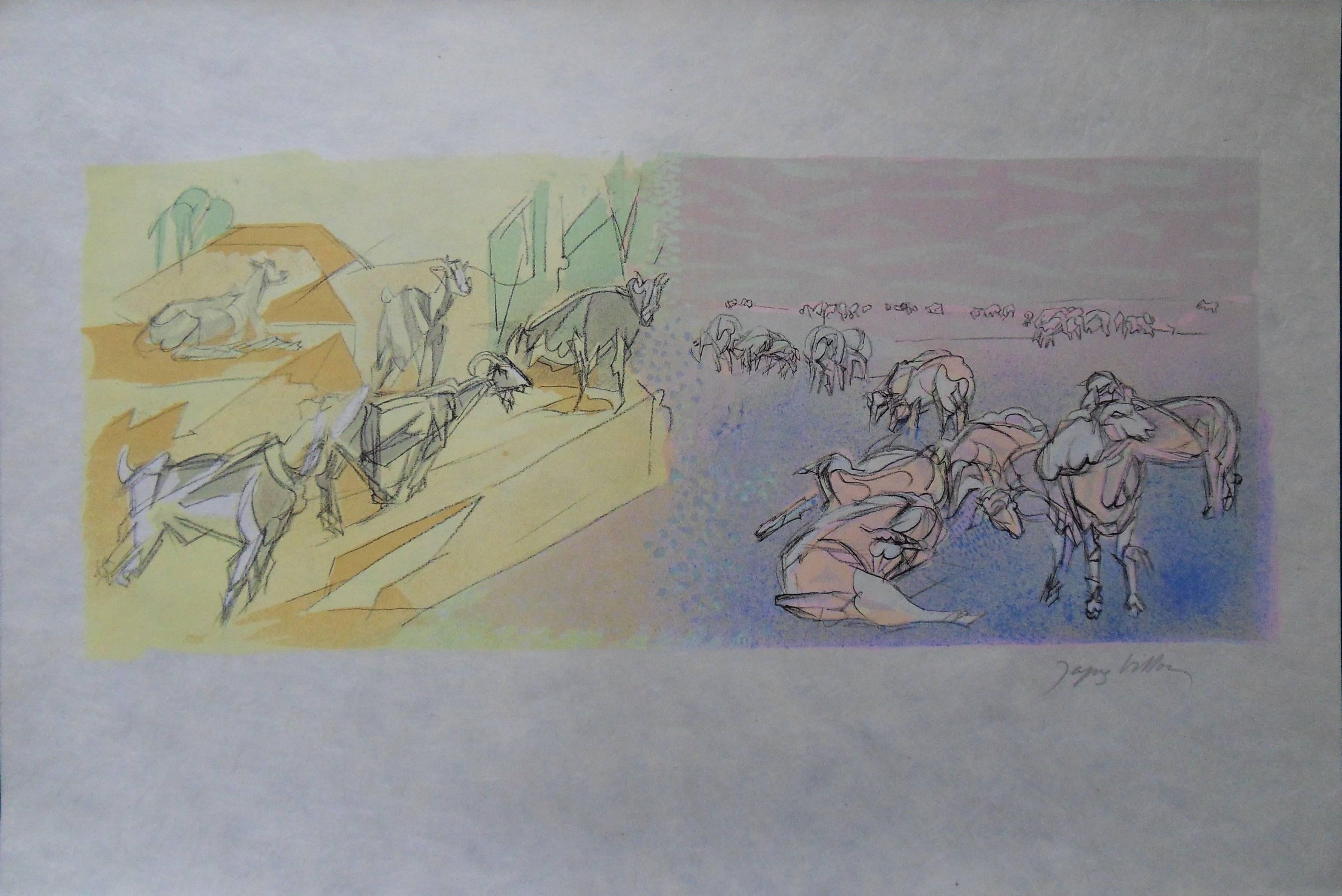 Jacques Villon Animal Print - Pastoral View : Goats and Sheeps - Signed lithograph - Mourlot 1953