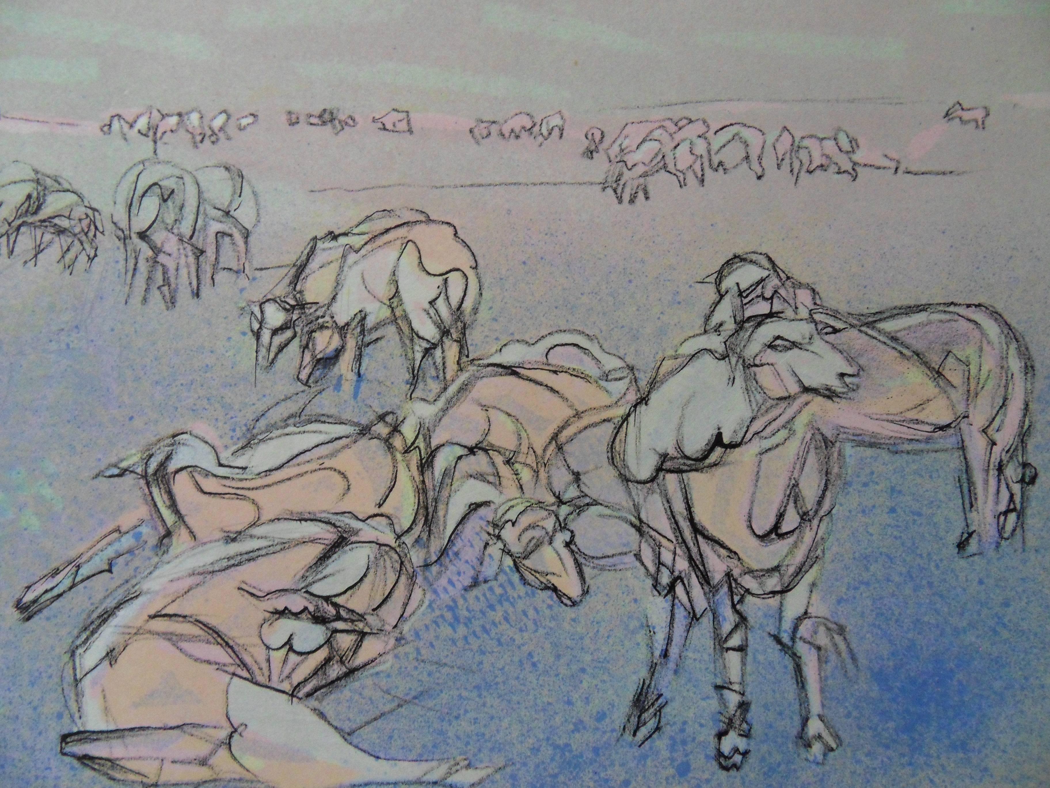 Pastoral View : Goats and Sheeps - Signed lithograph - Mourlot 1953 - Modern Print by Jacques Villon