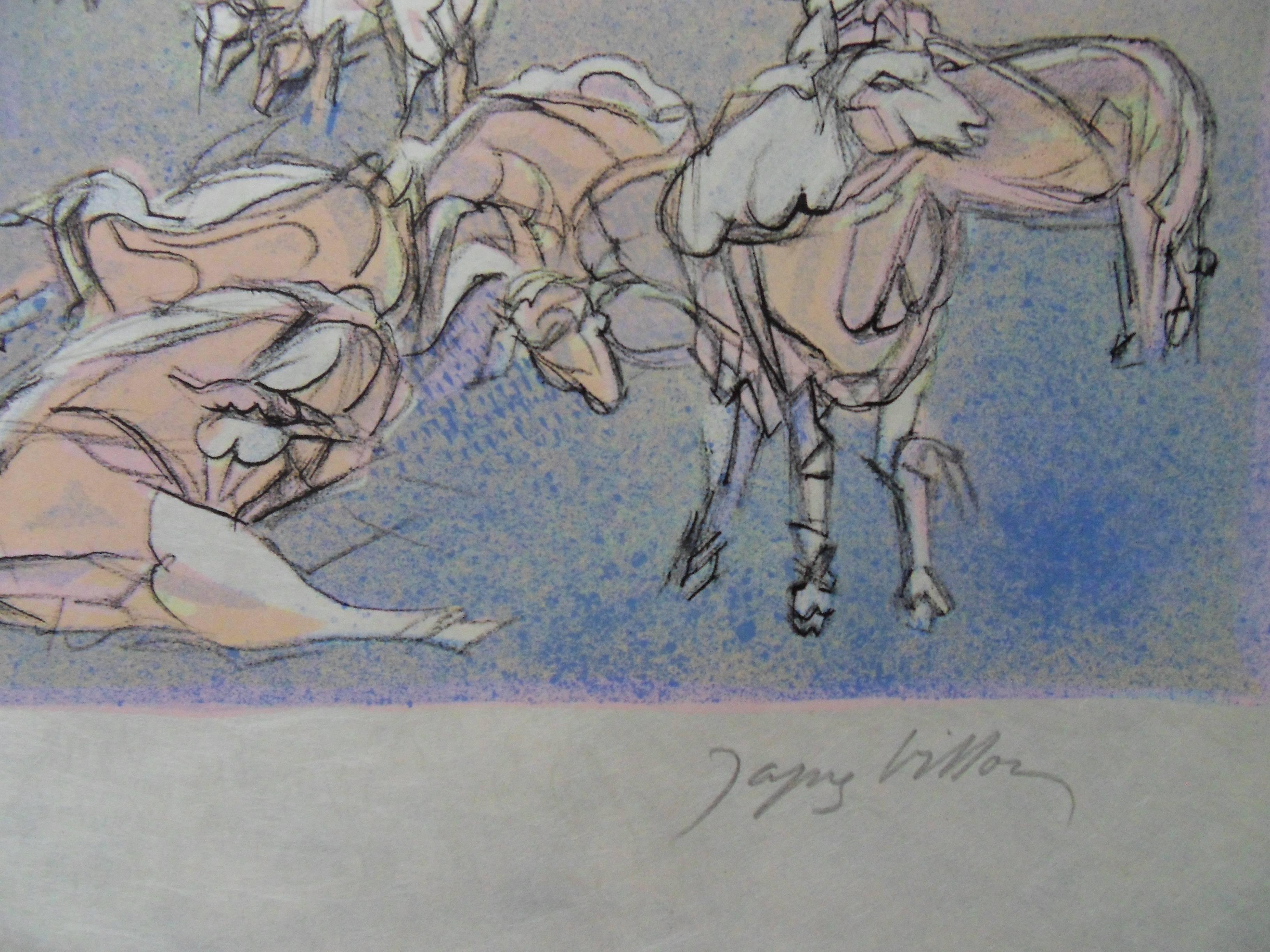 Pastoral View : Goats and Sheeps - Signed lithograph - Mourlot 1953 - Print by Jacques Villon