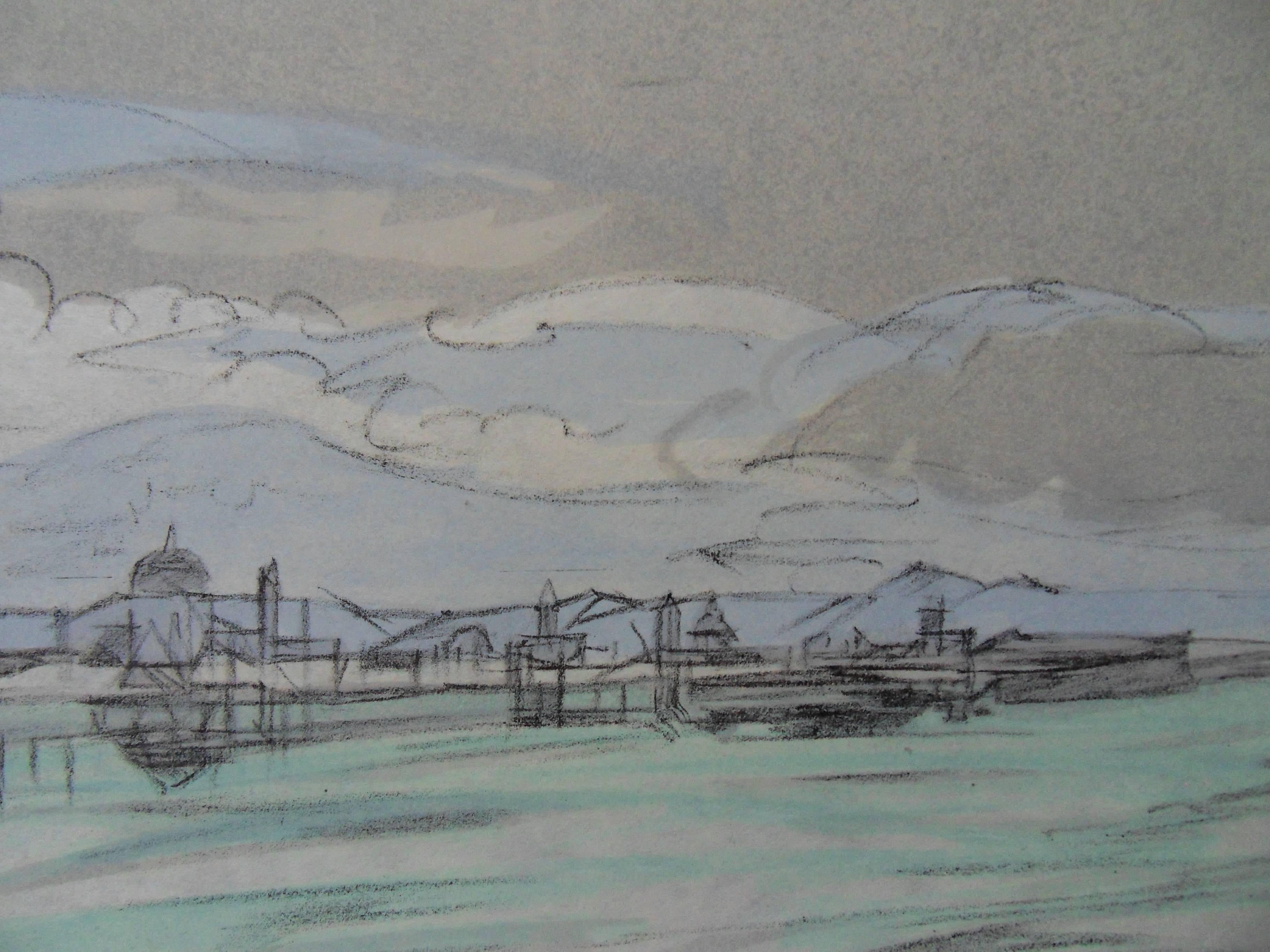 Italia : Paisaje cerca de Mantua - Litografía firmada - Mourlot 1953 - Landscape Print Gris de Jacques Villon