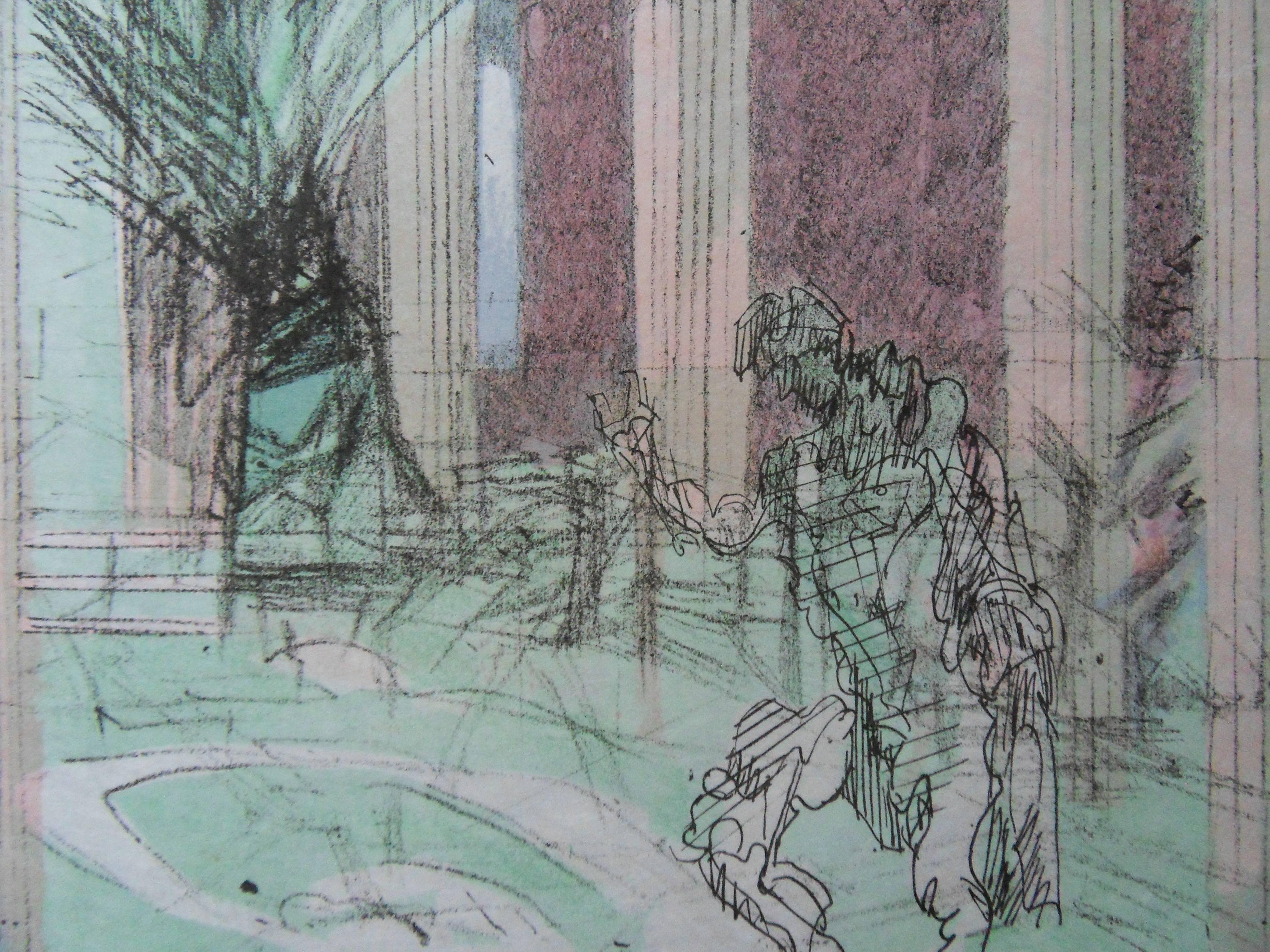 Atrio - Litografía firmada - Mourlot 1953 - Interior Print Gris de Jacques Villon
