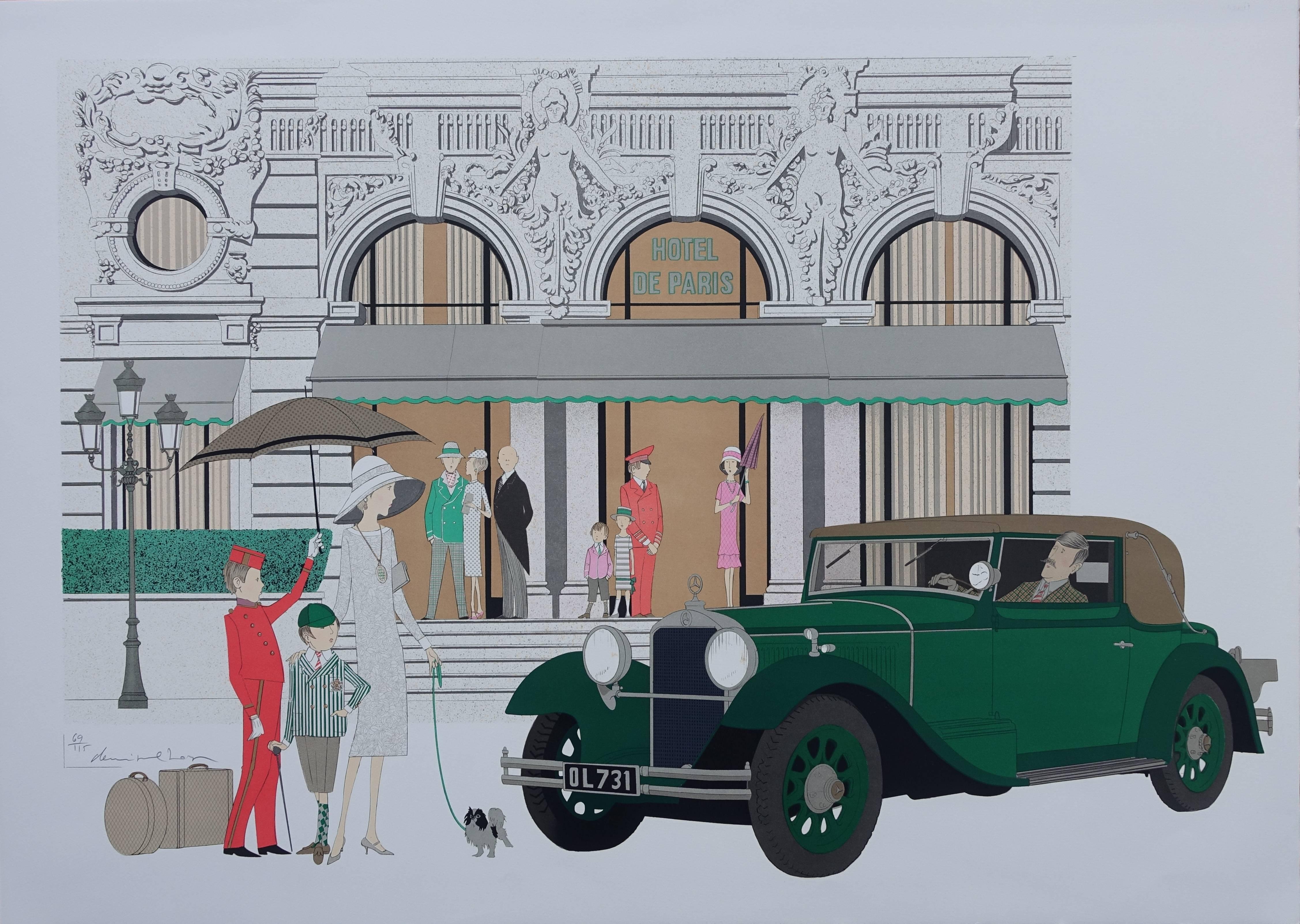 Denis Paul Noyer Figurative Print - Hotel : Old Mercedes and Hotel de Paris - Signed lithograph - 115ex