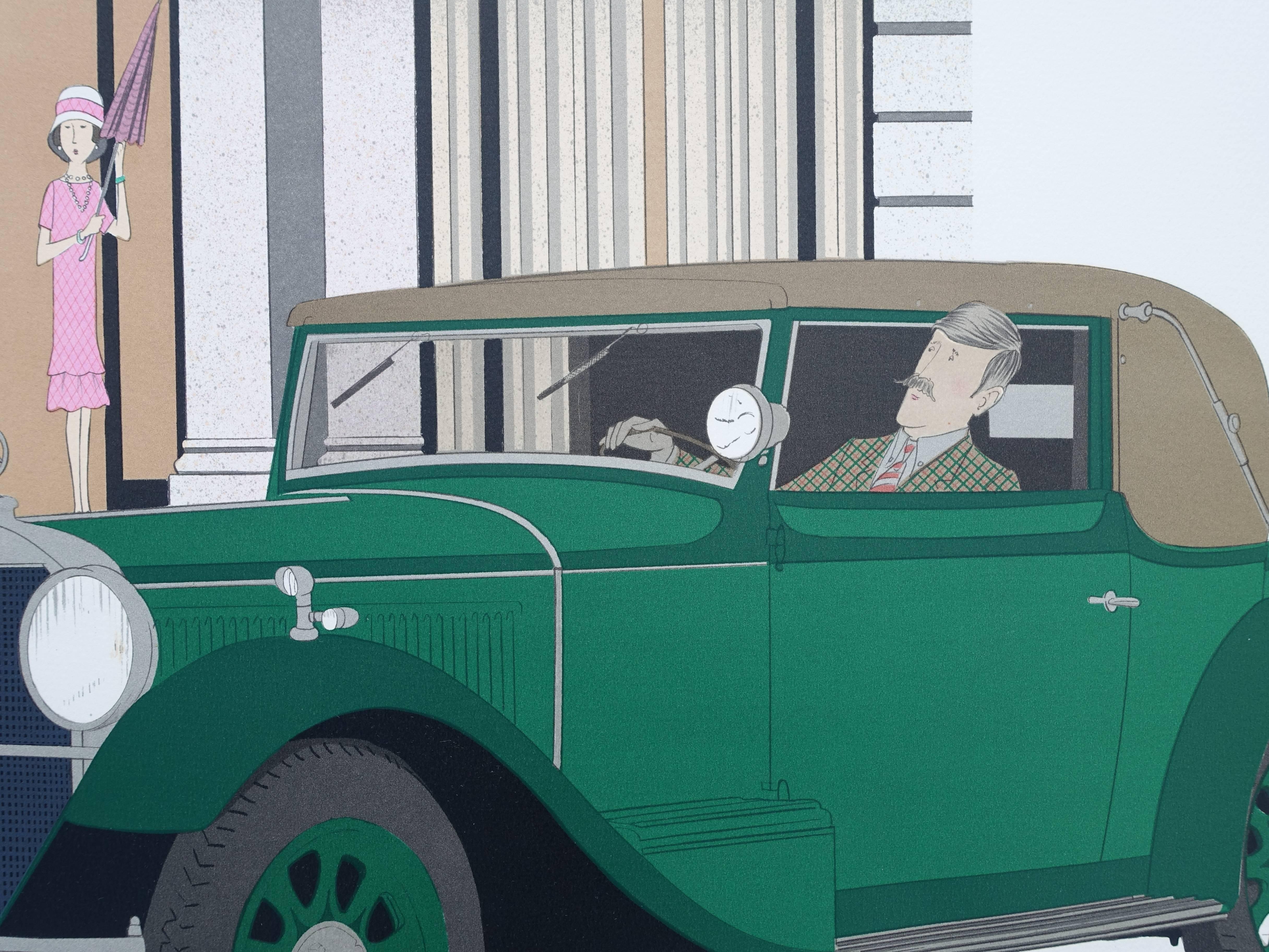 Hotel : Old Mercedes and Hotel de Paris - Signed lithograph - 115ex - Gray Figurative Print by Denis Paul Noyer
