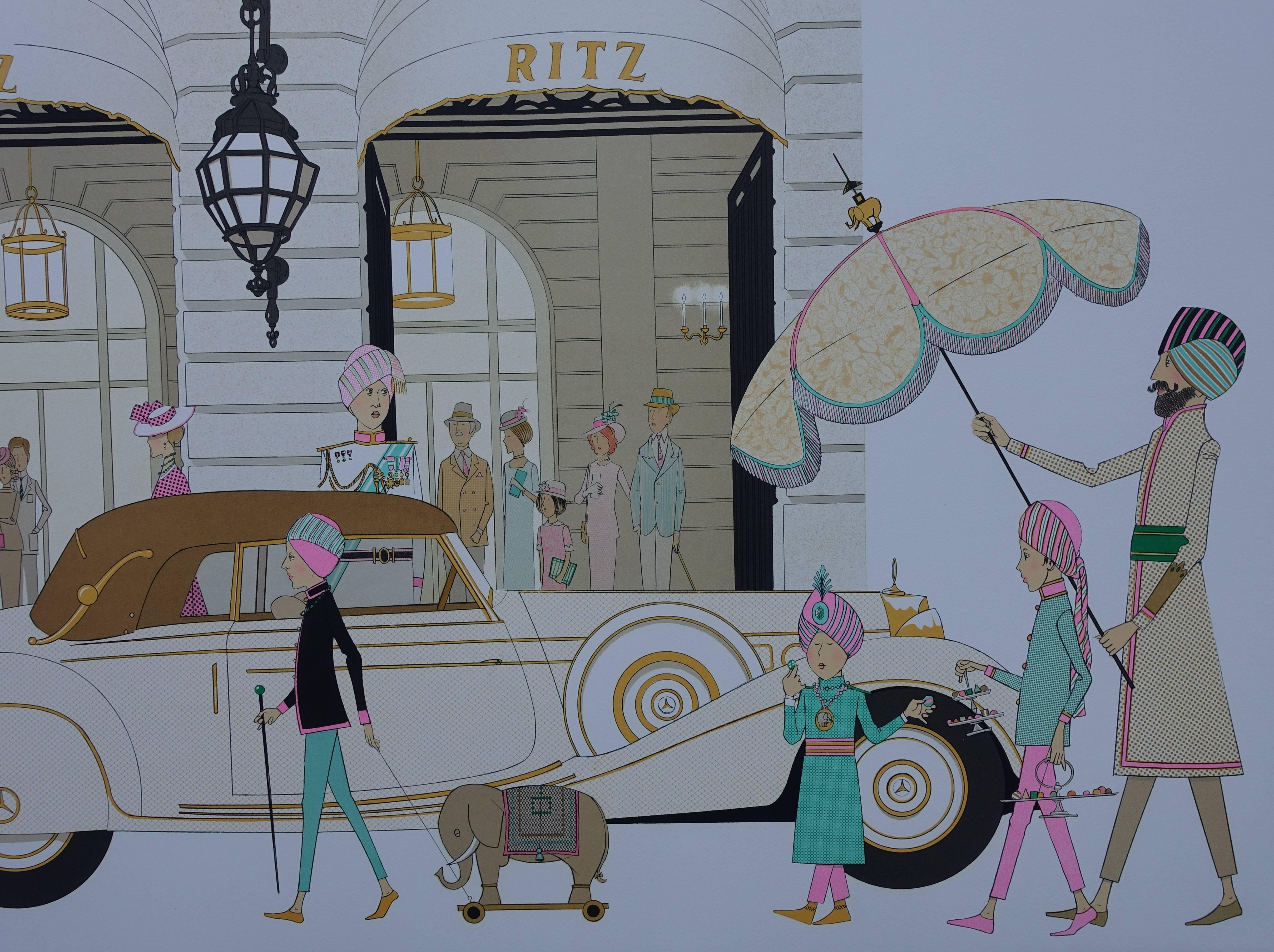 Mercedes Cabriolet 770 and HOTEL RITZ in PARIS - Signed lithograph - 115ex - Print by Denis Paul Noyer