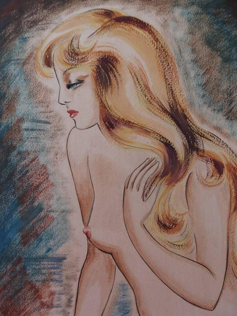 Nude Blond Hair Girl - Original gouache and watercolor painting - Signed - 1939 - Art by Claire Vergez