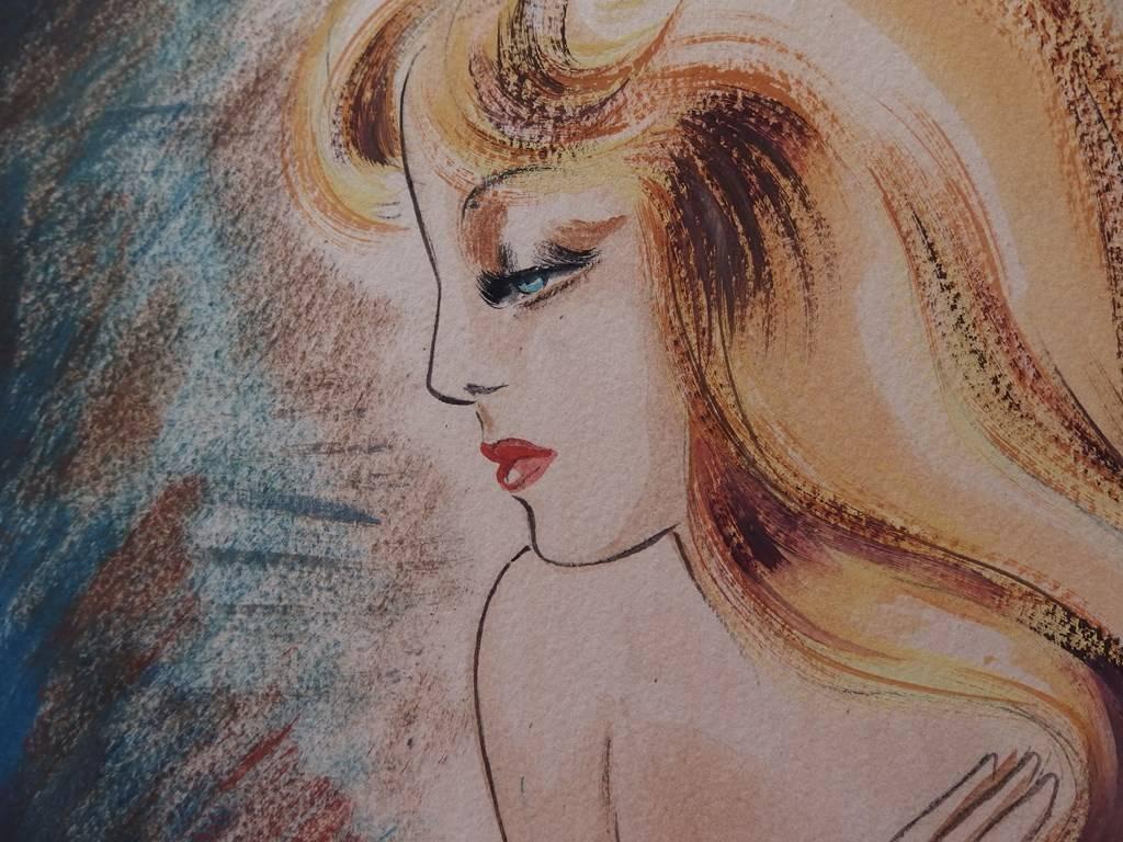 Nude Blond Hair Girl - Original gouache and watercolor painting - Signed - 1939 1