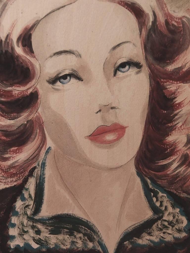 Femme aux cheveux rouges - Peinture originale à la gouache et à l'aquarelle - Signé - 1939 - Réalisme Art par Claire Vergez