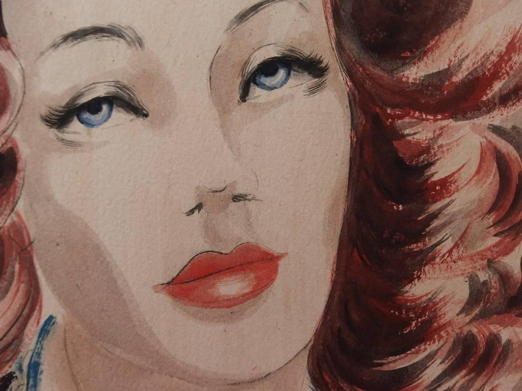 Femme aux cheveux rouges - Peinture originale à la gouache et à l'aquarelle - Signé - 1939 - Marron Portrait par Claire Vergez