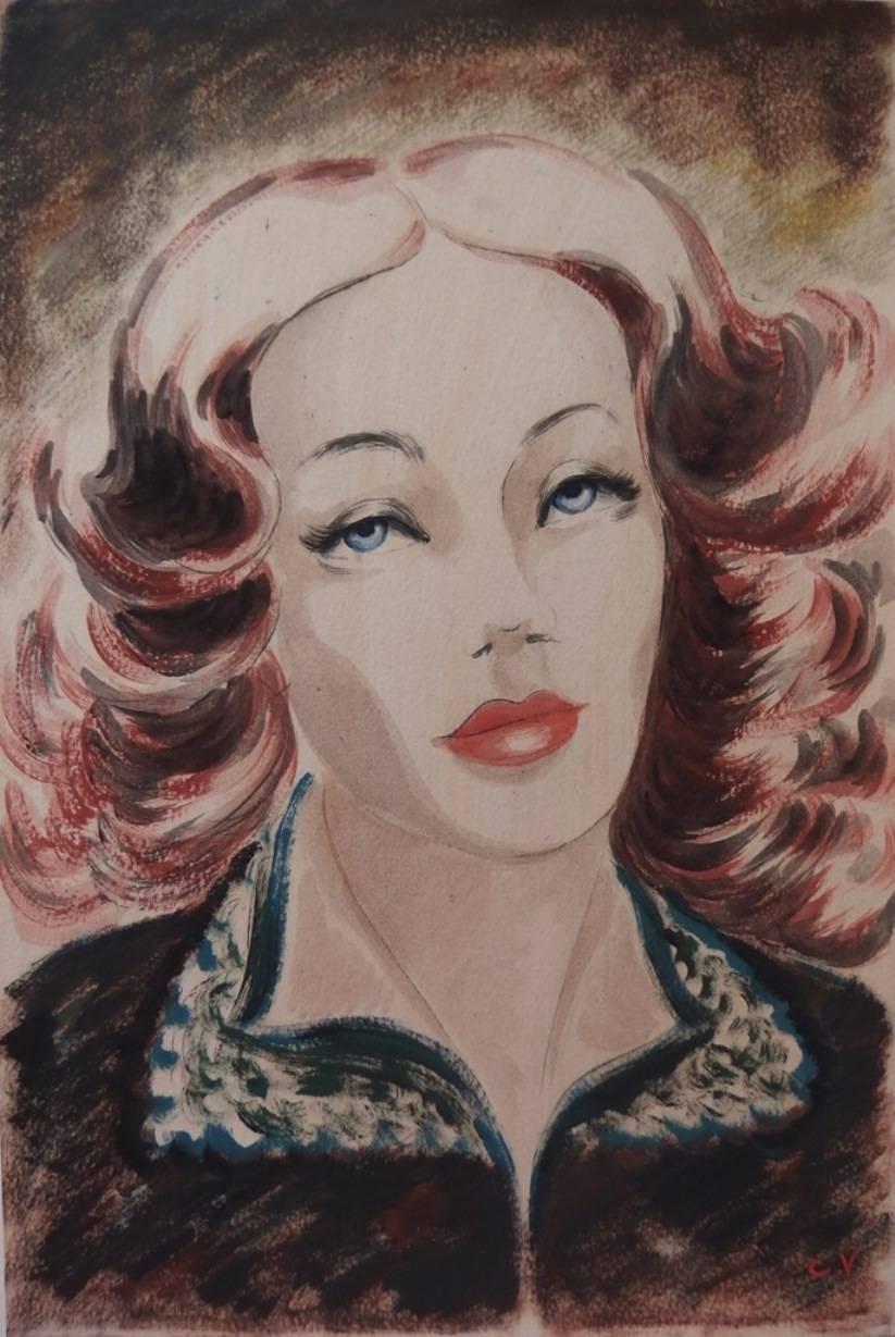 Claire Vergez Portrait - Red Hair Woman - Original gouache and watercolor painting - Signed - 1939