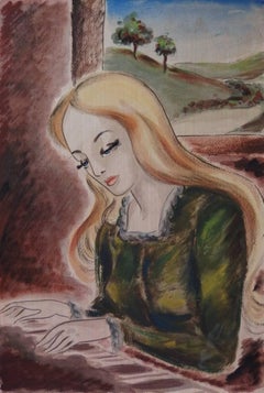 The Piano Lesson - Original gouache and watercolor painting - Signed - 1939
