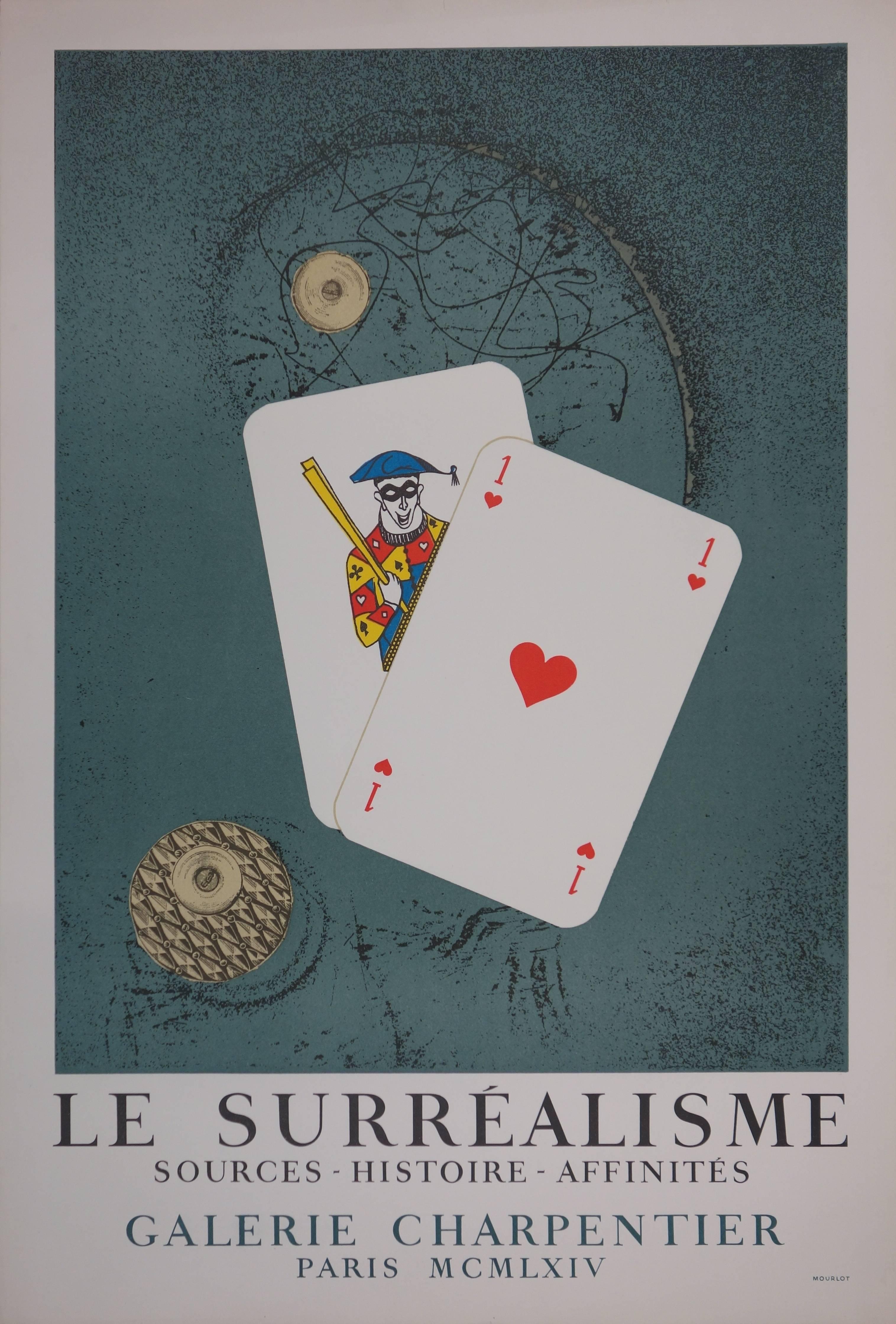 Exhibition poster after Max ERNST featuring an image of playing cards

HIgh-quality lithograph printed in Mourlot workshop in 1964
Created for the exhibition "Le Surréalisme, Sources, histoires, affinités" at Gallery Charpentier 
74 x 50 cm (c. 30 x